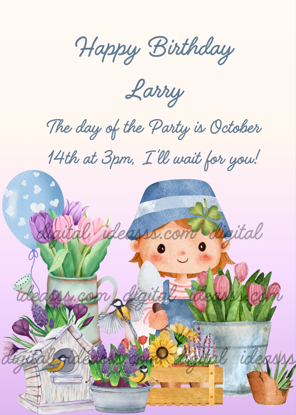 Boy with orange-red hair in light blue cap with four-leaf clover and blue overalls holding gardening trowel, light blue balloon with white hearts tied to watering can on left, white birdhouse with yellow and black birds, flower pots with purple lavender pink tulips and sunflower, cream to lilac and pink gradient background — birthday card for boys aged 5 to 12