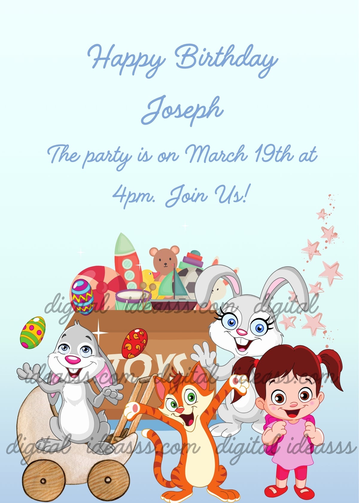 Smiling girl with pigtails, orange kitten and two grey bunnies, one juggling colorful marbles on a wooden toy carriage, beside a TOYS chest filled with a rocket, drum and other toys, on a light blue background with pink stars - printable birthday card for children aged 5 to 12