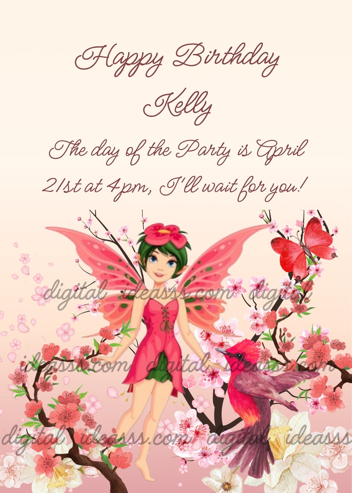 Cherry blossom fairy with green hair and pink wings among cherry blossom branches with a red cardinal bird and a red butterfly on cream pink background — birthday card for girls aged 9 to 14
