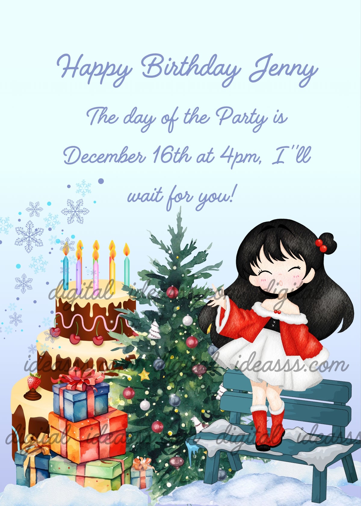 A cute girl with black hair and red clip dressed as Santa Claus in a red outfit with white fur trim and red boots, standing on a snow-covered bench next to a decorated Christmas tree with colorful ornaments, a three-tier chocolate cake with cherries and colorful candles, and stacks of colorful gift boxes on a soft light blue background with delicate snowflakes — birthday card for girls aged 6 to 14