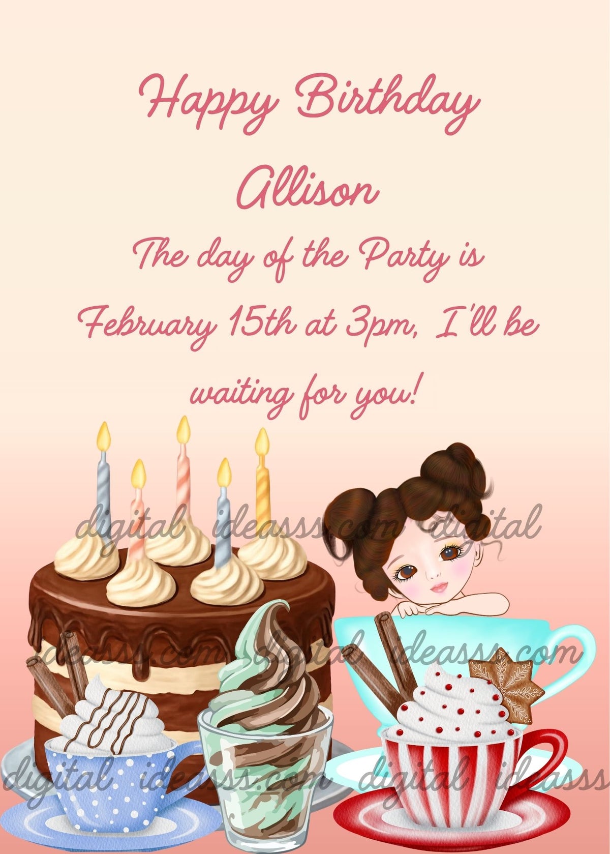 Elegant cartoon girl with dark hair in two buns peeking from inside a light-blue cup, surrounded by a large chocolate birthday cake with candles and cream, colorful cups of hot chocolate and ice cream on a soft pink gradient background — birthday card for girls aged 6 to 14
