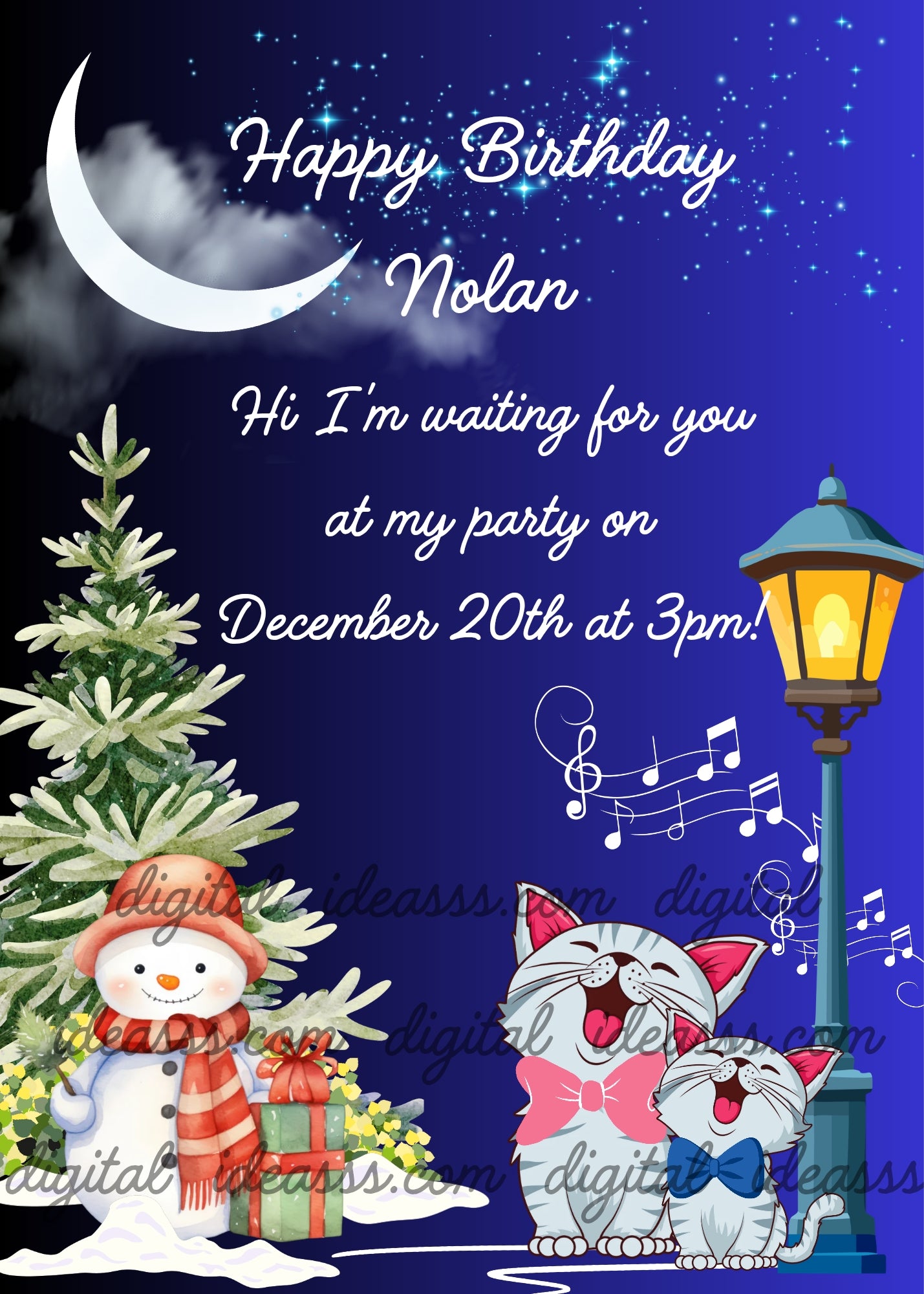 A cheerful snowman with a red scarf and gifts, a sweet mama cat with a pink bow and her kitten with a blue bow singing next to a glowing street lamp, a Christmas tree and a crescent moon on a deep blue starry night background — Christmas birthday card for children aged 1 to 9