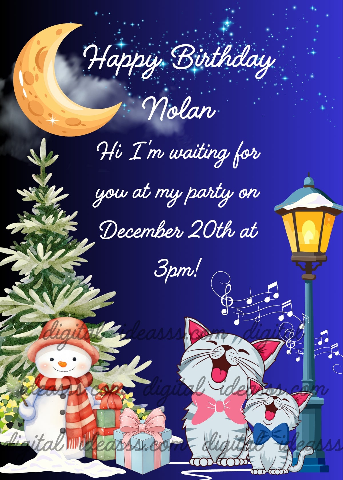 Two white singing cats with pink and blue bows next to a glowing street lamp, a snowman with red scarf, a Christmas tree and gift boxes including a light blue one with pink bow, under a large yellow crescent moon on a night blue starry sky — Christmas card for children aged 1 to 9
