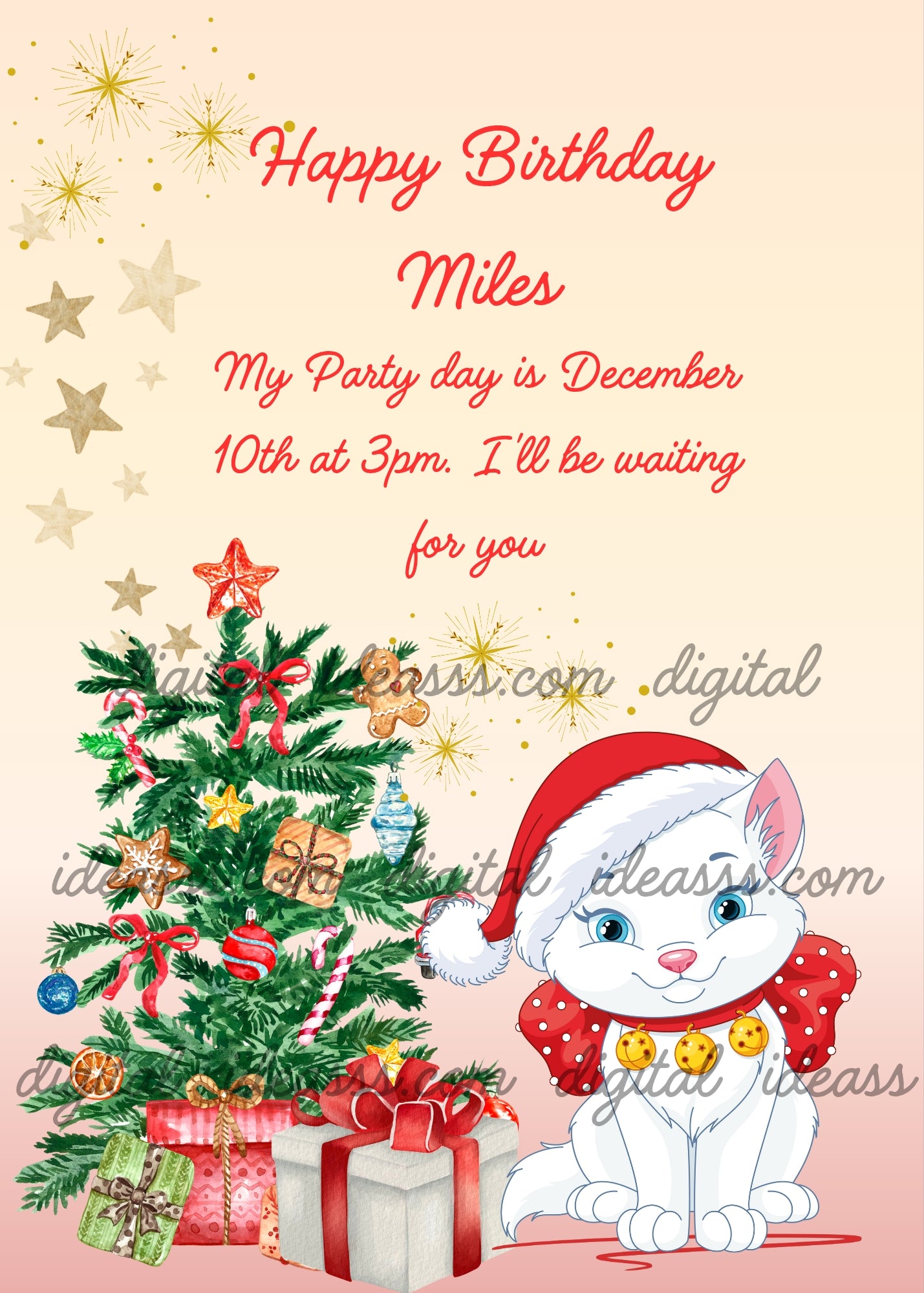 White cat with Santa hat next to a decorated Christmas tree with gifts, stars and golden bells on a pastel pink background — birthday card for kids 1-12