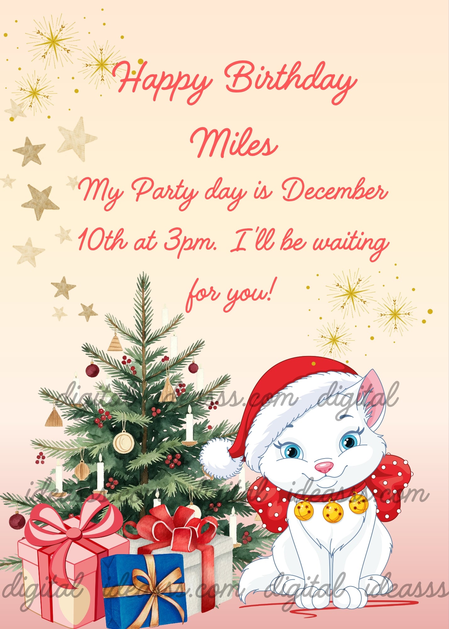 Cute white kitten with Santa hat and red polka dot bow next to a decorated Christmas tree with gifts and golden stars — printable birthday card for children aged 1 to 12