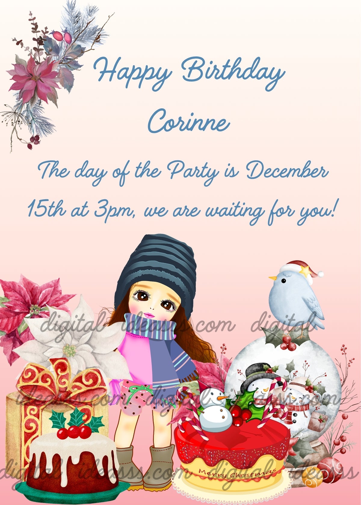 Sweet girl wearing a blue knit hat and a striped lilac scarf, surrounded by poinsettias, a snow globe with snowmen, a red velvet cake and festive gifts on a soft pink background — Christmas birthday card for girls aged 6 to 14