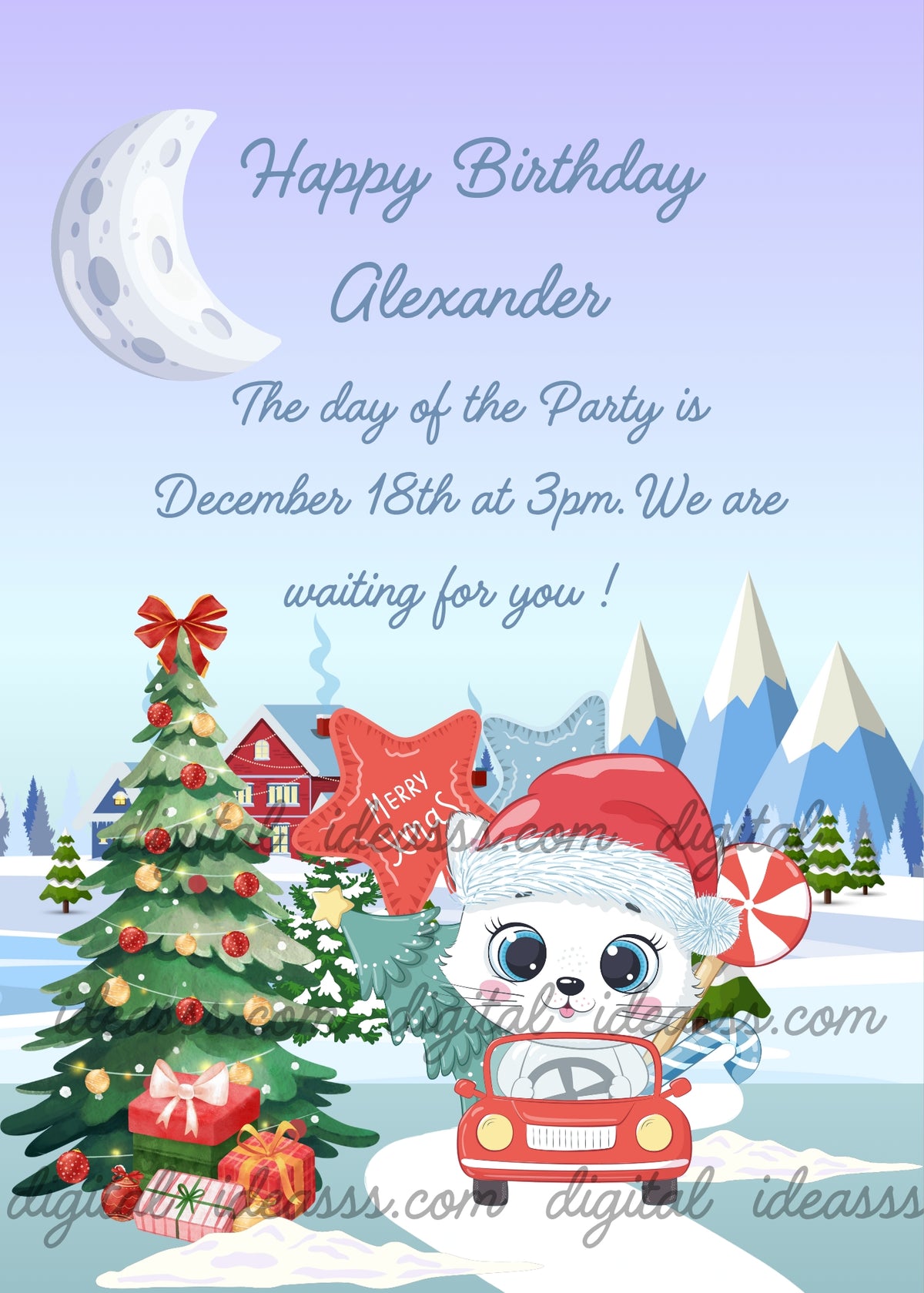 Trilly the white kitten wearing a Santa hat driving a red car with a Christmas tree, a red Merry Xmas star and a candy cane, next to a decorated Christmas tree with gifts, a cozy red house and snowy mountains under a white crescent moon on a light blue background — Christmas card for children aged 1 to 9