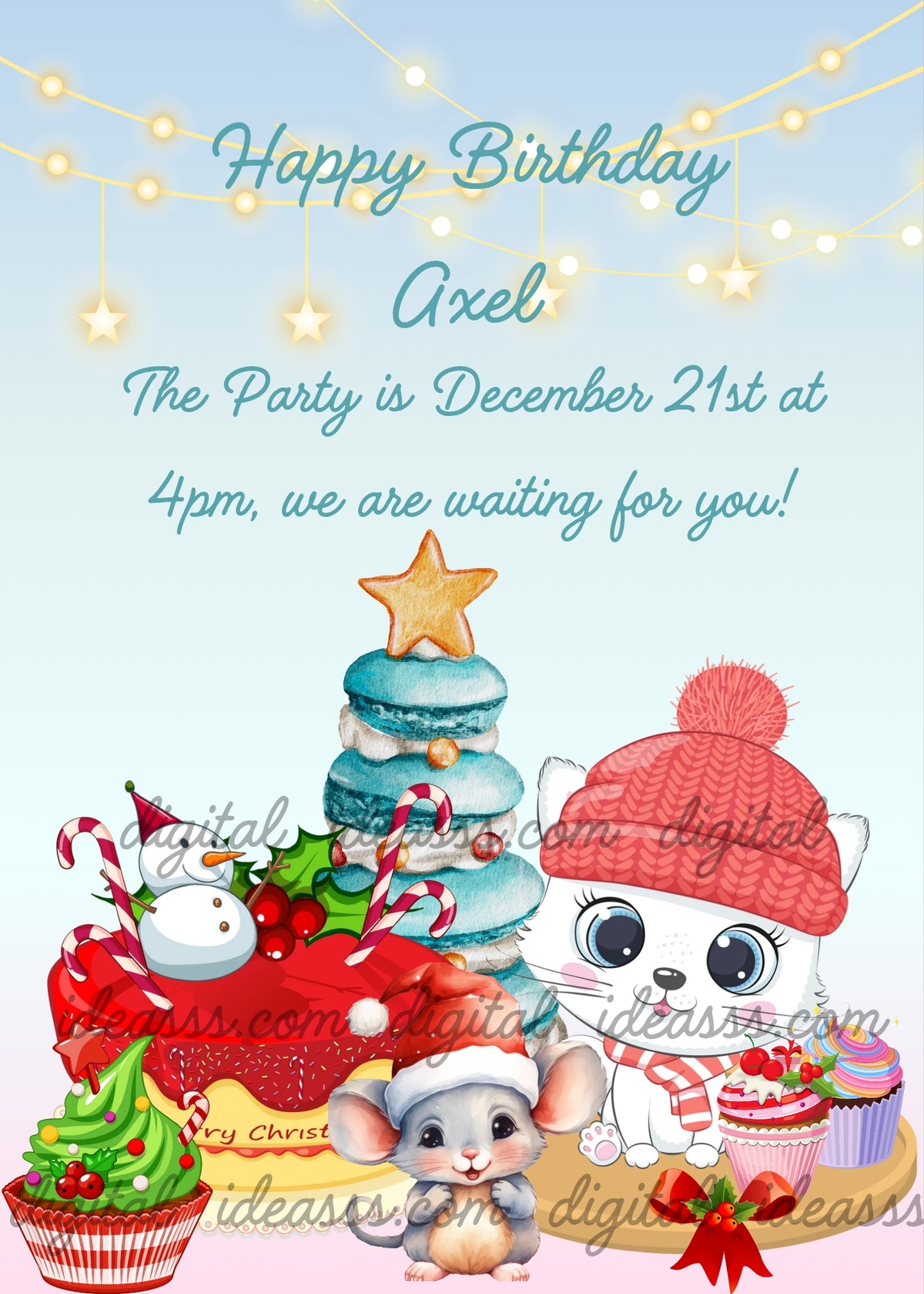 Adorable white kitten Trilly wearing a red knit hat and striped scarf sitting next to a cute little mouse in a Santa hat, with a red Christmas cake decorated with candy canes, a snowman and holly, a teal macaron Christmas tree with a star on top, a green cupcake and a colorful cupcake, on a soft light blue gradient background with golden fairy lights — Christmas birthday card for children aged 1 to 10