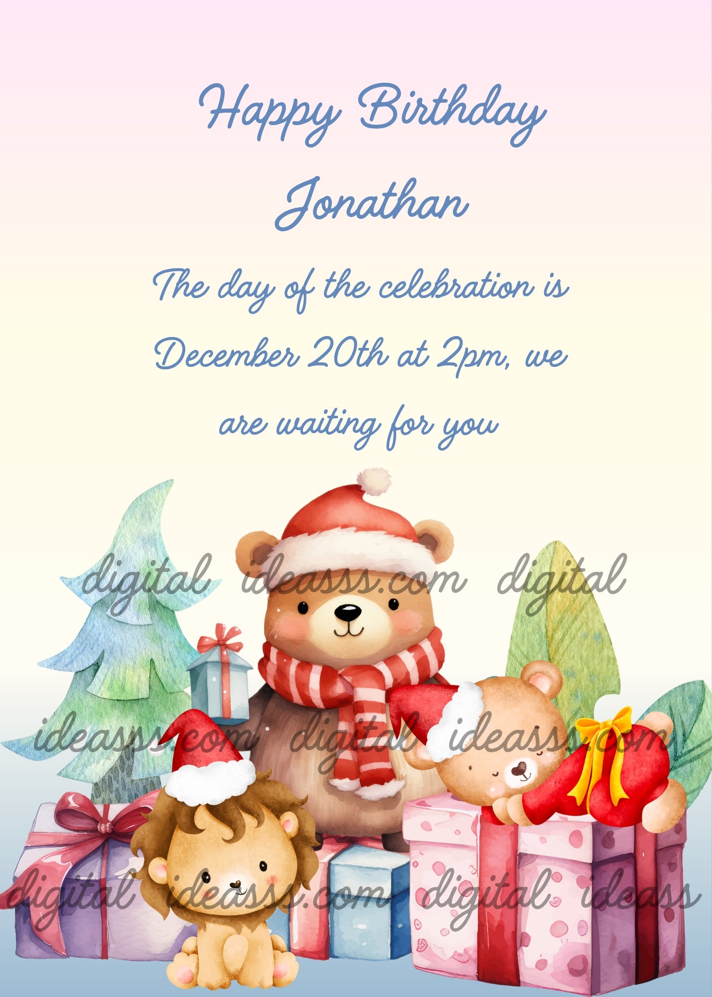 A cute kawaii bear wearing a Santa hat and red striped scarf in the center, a small lion cub with a Santa hat on the lower left, and a little sleeping bear resting on a red gift box on the right. A pastel blue Christmas tree and colorful gift boxes, on a soft pastel pink and yellow background — birthday card for children aged 1 to 9