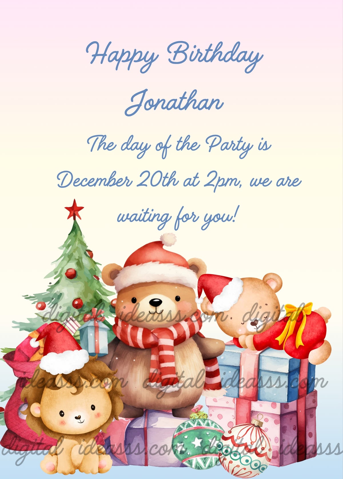 A lion cub with Santa hat and a red gift sack, a big teddy bear with striped scarf and Santa hat sitting on a gift box holding a small present, and a smaller teddy bear with Santa hat sleeping on colorful gift boxes, with a green Christmas tree and Christmas baubles, on a soft pink and lilac gradient background — Christmas jungle card for kids aged 1 to 7
