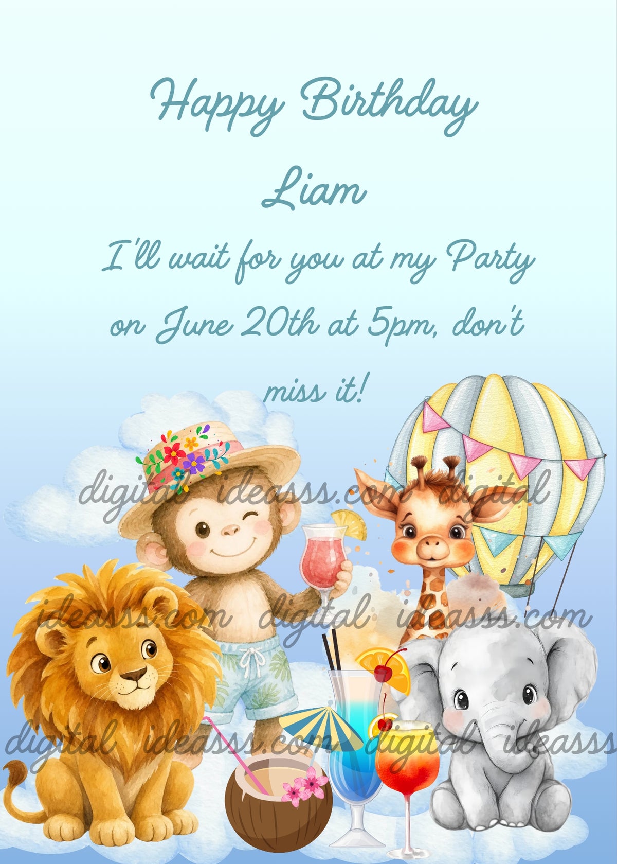 A winking monkey with a floral hat holding a pink cocktail, a lion cub gazing at colorful drinks, a giraffe peeking from behind, a little elephant, a yellow and green hot air balloon with bunting, and tropical cocktails on soft white clouds — cartoon jungle birthday card for kids aged 1 to 9