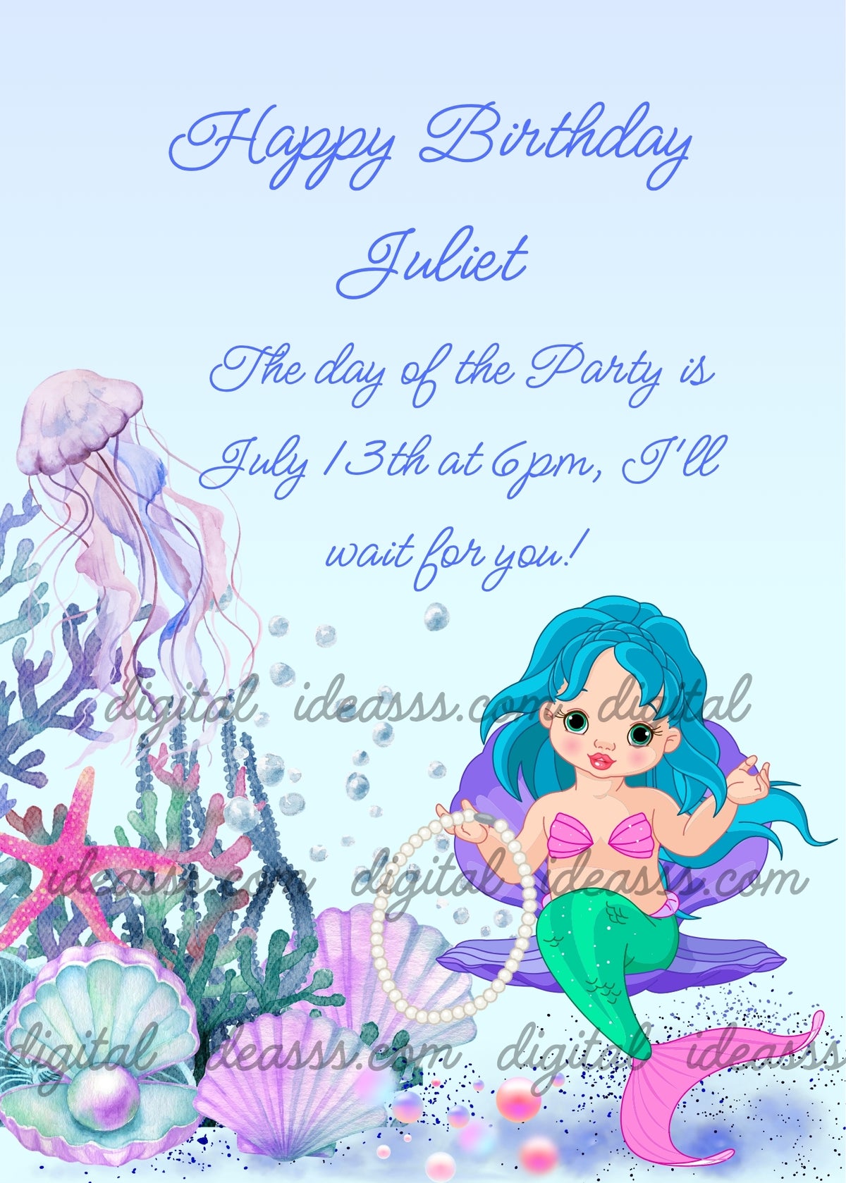 Kawaii mermaid with turquoise hair and green tail sitting in a purple shell holding a pearl necklace, with a lilac jellyfish, colorful corals, a pink starfish, an open oyster with pearl and sparkling bubbles on a soft blue background — birthday card for girls aged 7 to 12