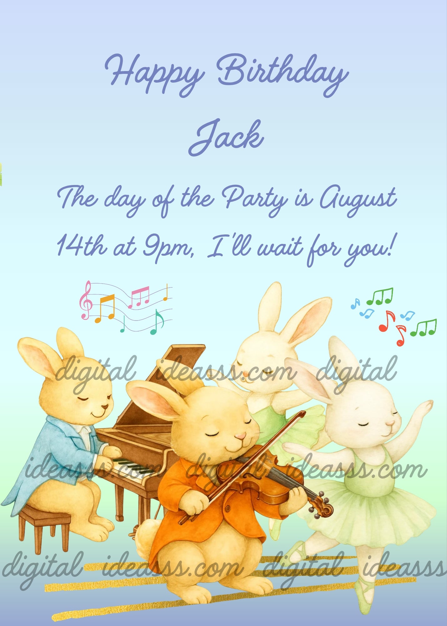 Two cute bunnies playing piano and violin with colorful musical notes while two bunny ballerinas dance in green tutus on a soft blue background with golden stripes — birthday card for children aged 1 to 9