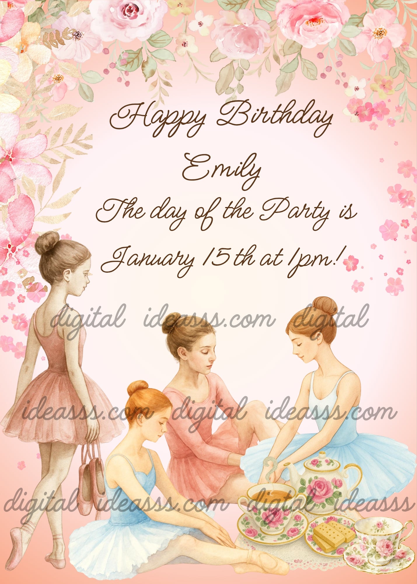 Four ballerinas in pink and blue tutus sharing a tea party with floral roses frame — birthday card for girls aged 10 to 14