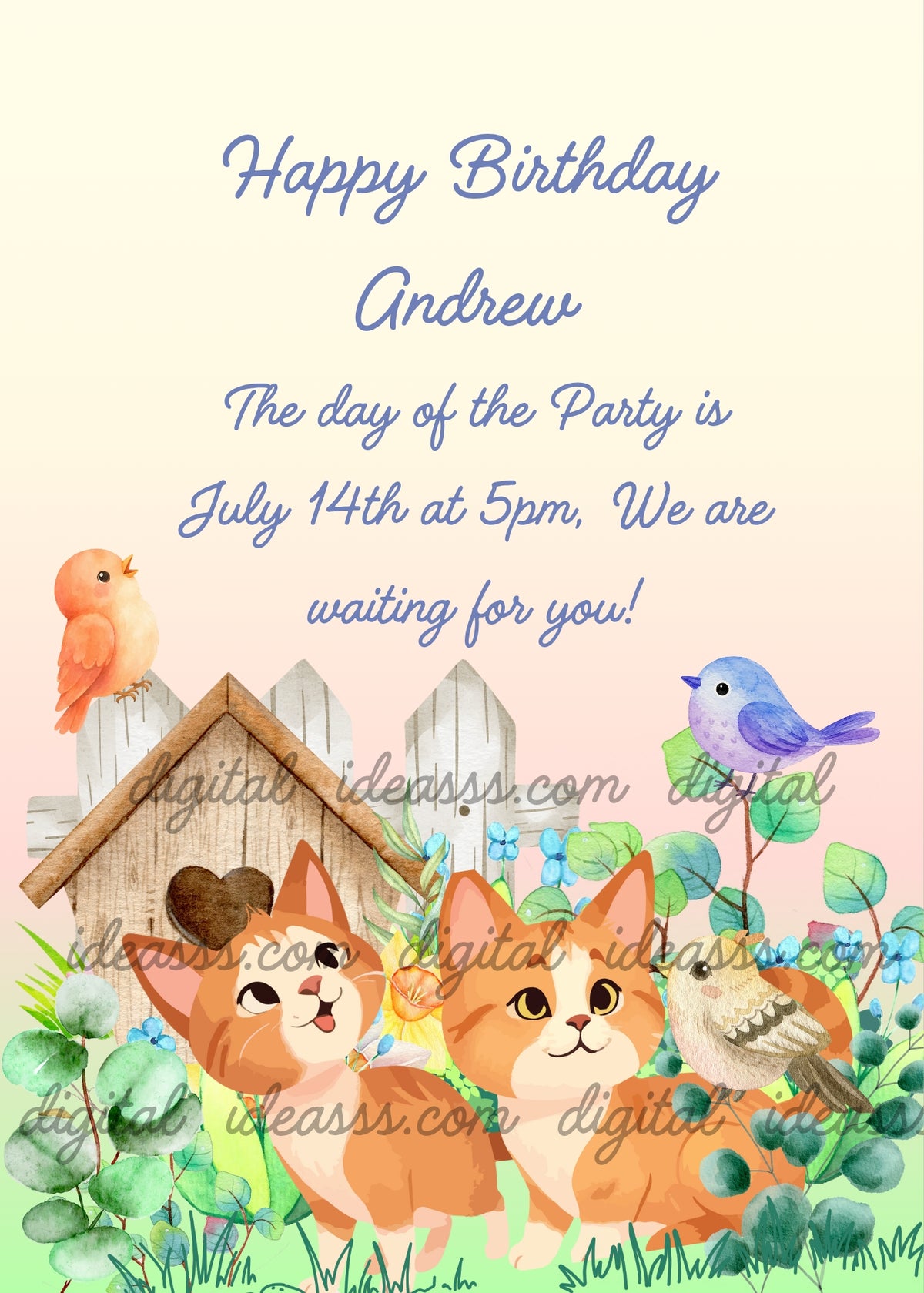Two curious orange kittens in a spring garden with a wooden birdhouse, blue flowers, and colorful birds on a warm pastel yellow-pink background — birthday card for kids aged 1 to 12