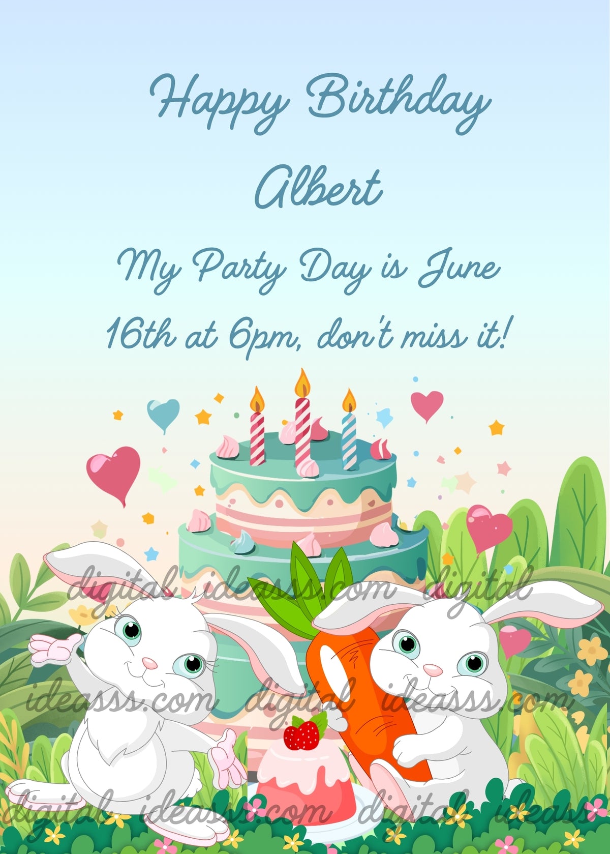 Two adorable white kawaii bunnies in a lush green garden with colorful flowers, one holding a bright orange carrot, with a gorgeous two-tier teal and pink birthday cake decorated with pink rosettes and colorful striped candles in the center, surrounded by hearts and stars on a soft blue to peach gradient background — birthday card for children aged 1 to 10