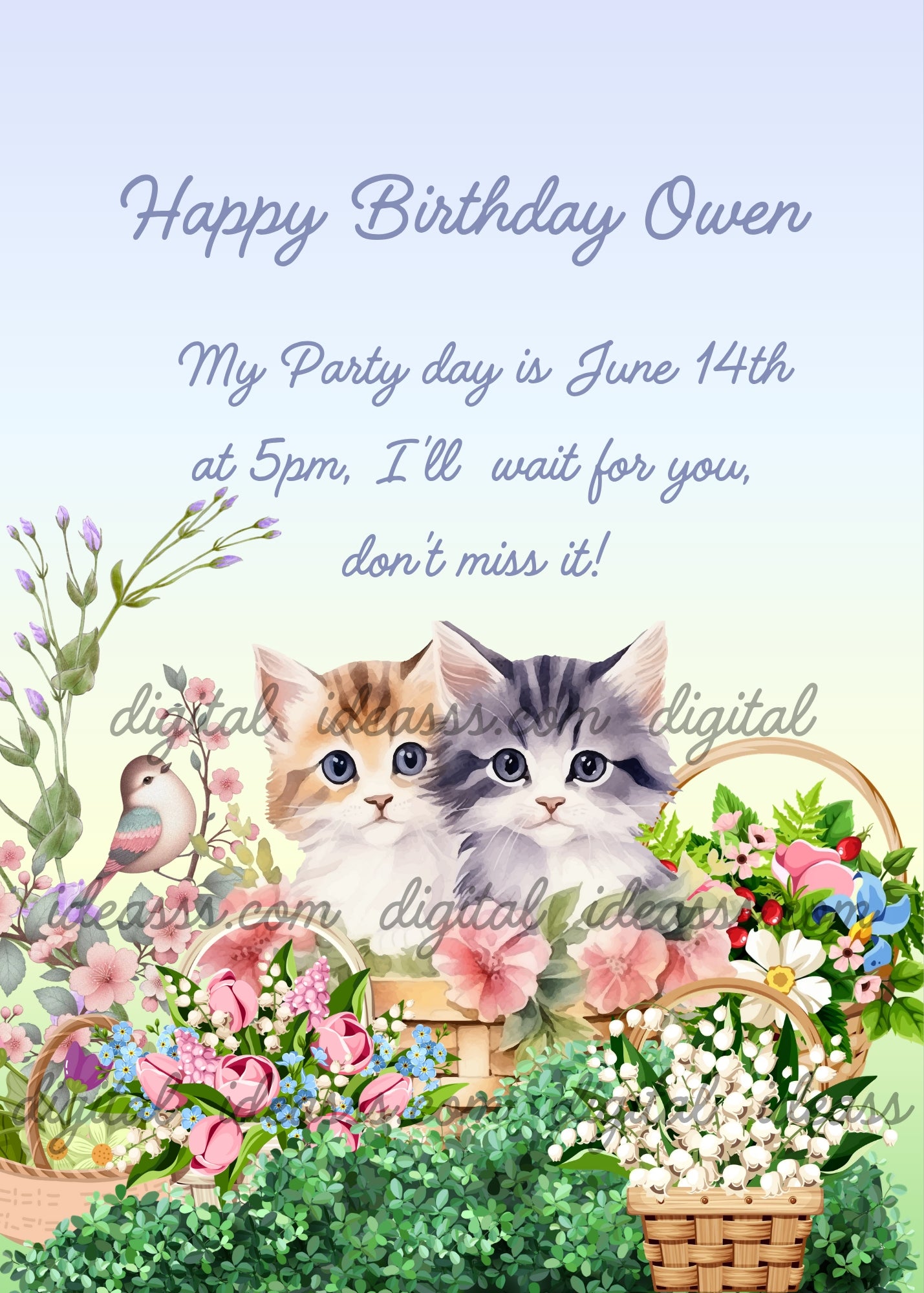 Two watercolor kittens in wicker basket surrounded by flower baskets with pink tulips, lily of the valley and forget-me-nots, little bird on branch with pink blossoms and purple buds, lush green meadow, soft blue-green gradient background — birthday card for children aged 6 to 14