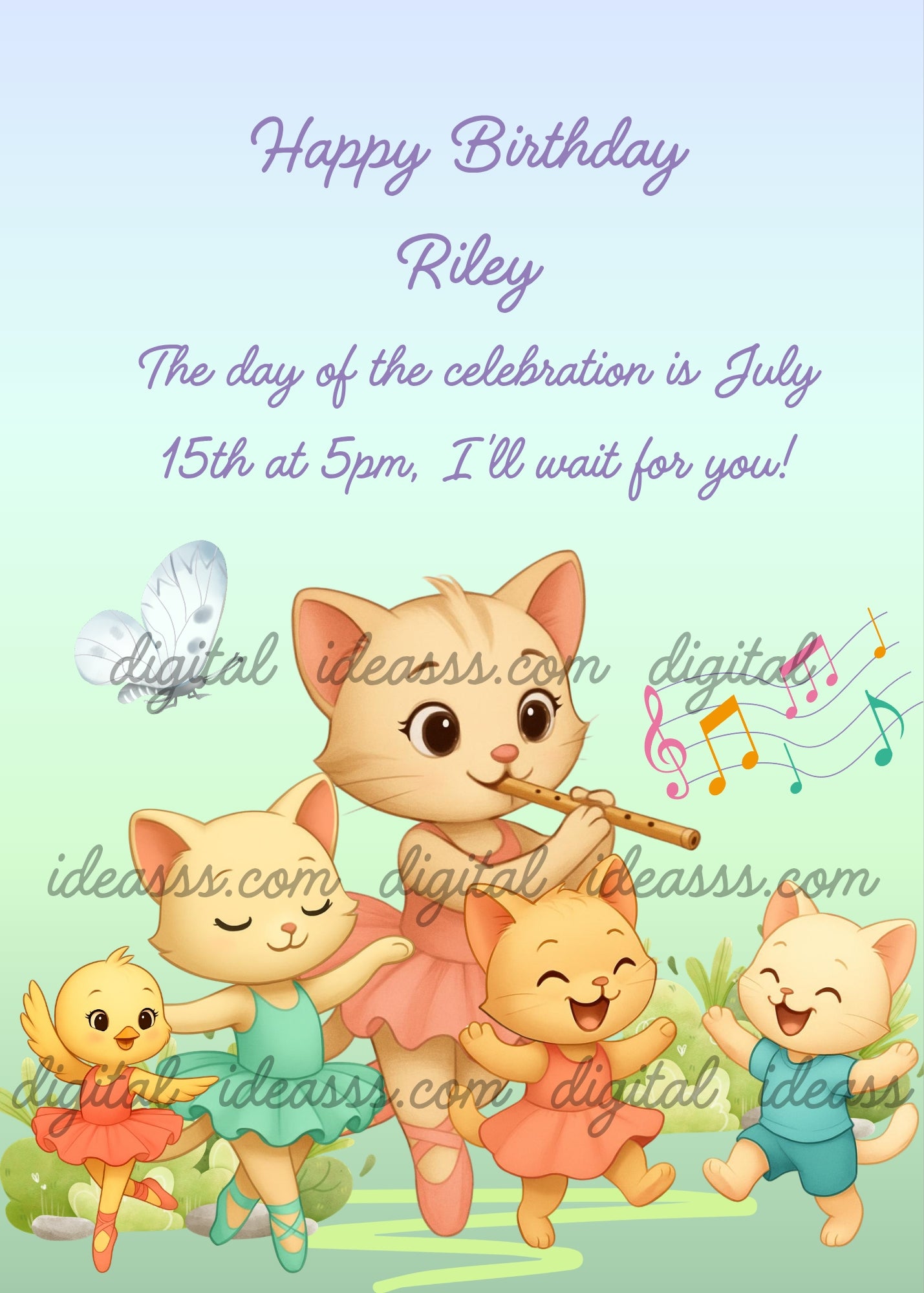 A cat ballerina playing flute with three kittens and a little bird dancing with colorful musical notes and a butterfly on a soft green and blue background — birthday card for children 1-9