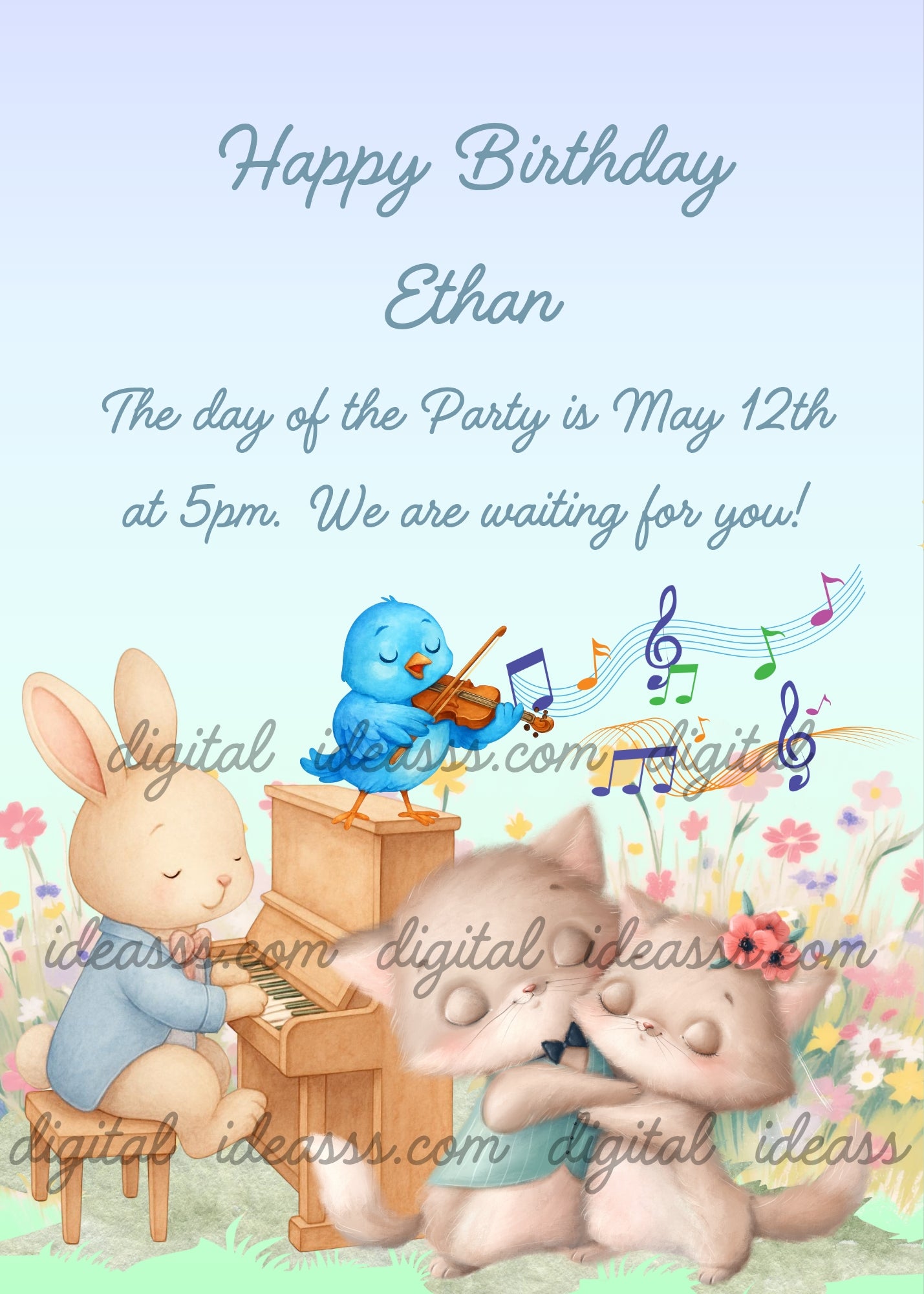 A bunny playing piano, a blue bird playing violin standing on the piano, and a couple of little cat dancing, with colorful musical notes and flowers on a soft blue gradient background — birthday card for children aged 1 to 8