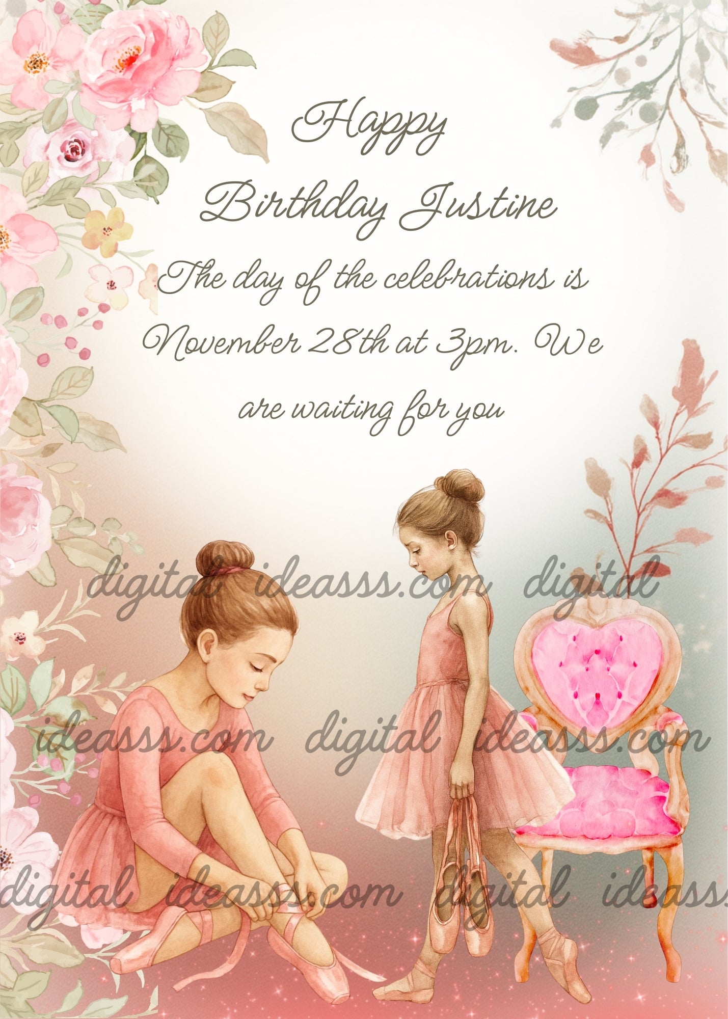 An elegant ballerina tying her pointe shoes and a little ballerina holding her shoes next to a pink heart-shaped chair surrounded by pink roses and flowers on a soft peach background — birthday card for girls 10-14