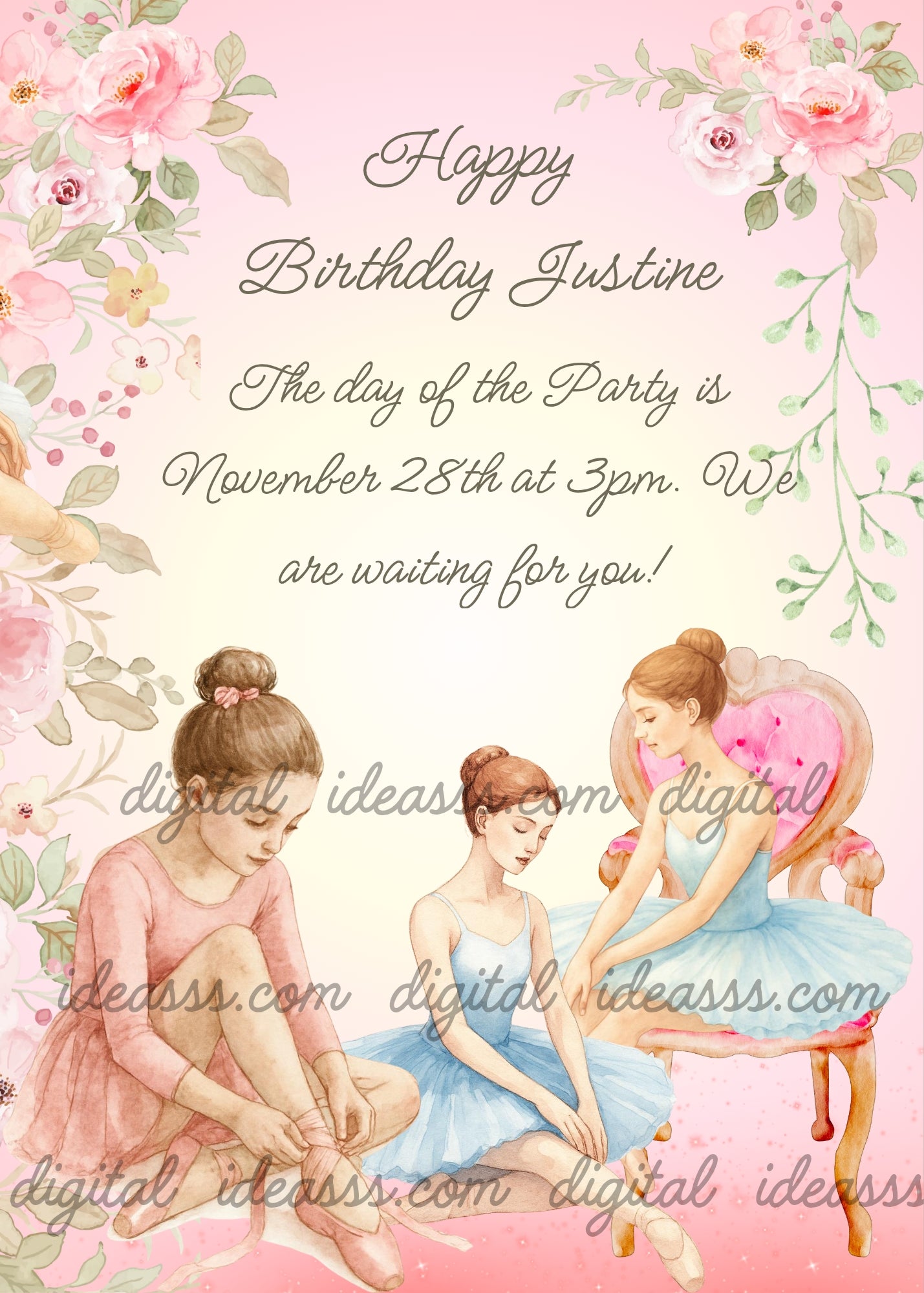 Three ballerinas getting ready for ballet class, two in pink and blue tutus on the floor, one on a vintage pink chair — birthday card for girls aged 10 to 14