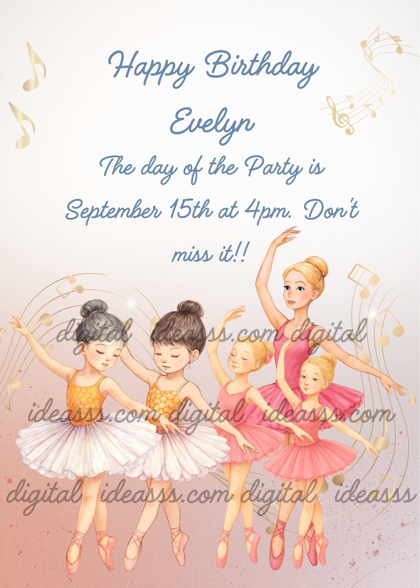 A blonde ballet teacher in pink with four little ballerinas in white and pink tutus dancing with golden musical notes on a soft peach background — birthday card for girls aged 6 to 14