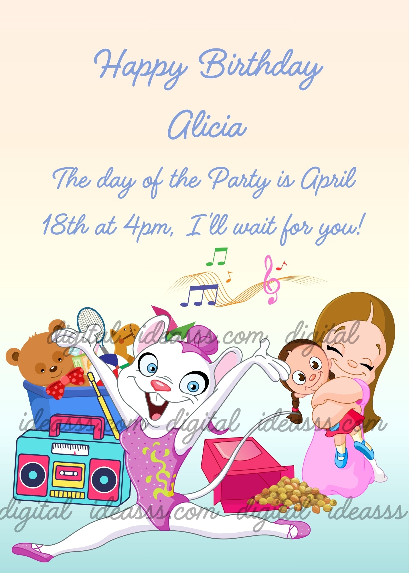 A cheerful cat ballerina dancing with a little girl holding a doll next to a colorful radio and toys with musical notes on a soft yellow and blue gradient background — birthday card for girls aged 3 to 10