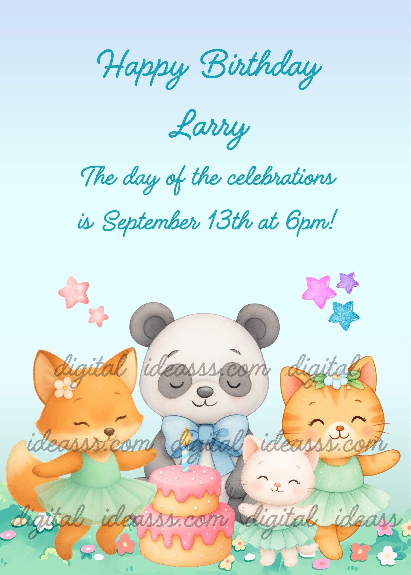 An orange tabby kitten in a green tutu dancing on the right, an orange fox in a mint green tutu dancing with open arms, a little white kitten and a panda birthday boy with a blue bow next to a pink birthday cake with colorful stars on a soft blue background — birthday card for children 1-9