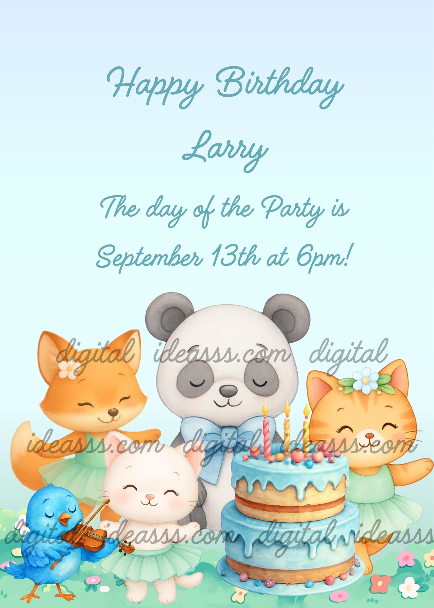 Cute panda with blue bow and birthday cake, orange fox and kitten in mint tutus, white kitten in tutu, and little blue bird playing violin, on a light blue pastel background — birthday card for children aged 1 to 9