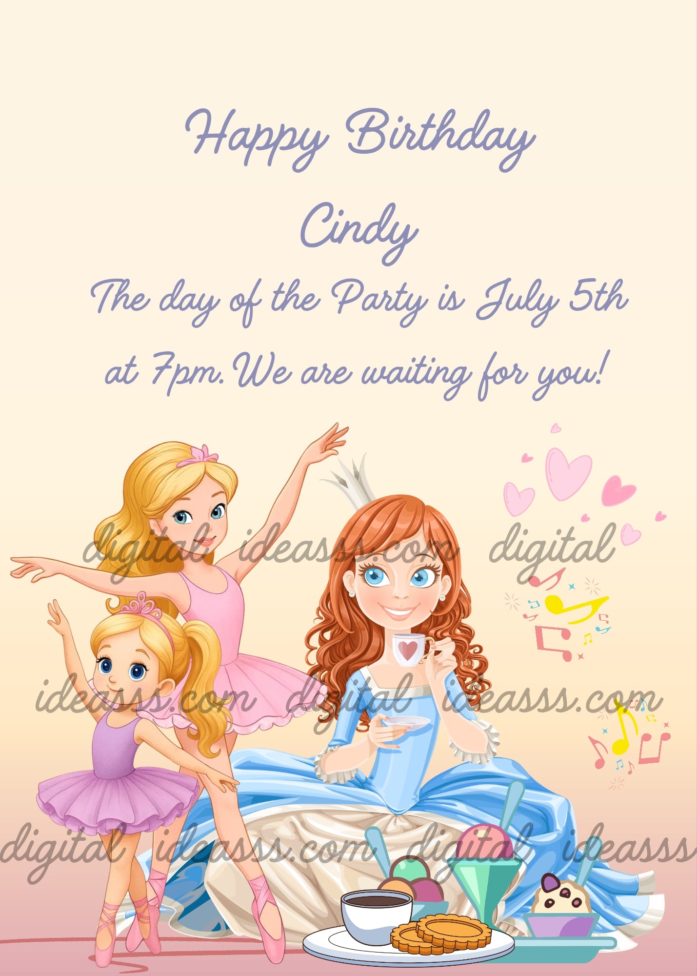 A red-haired princess in a blue dress sitting on the floor enjoying a snack with sweets, while two ballerinas in lilac and pink tutus dance on her left, with musical notes and pink hearts floating around on a soft warm peach gradient background — birthday card for girls aged 6 to 13