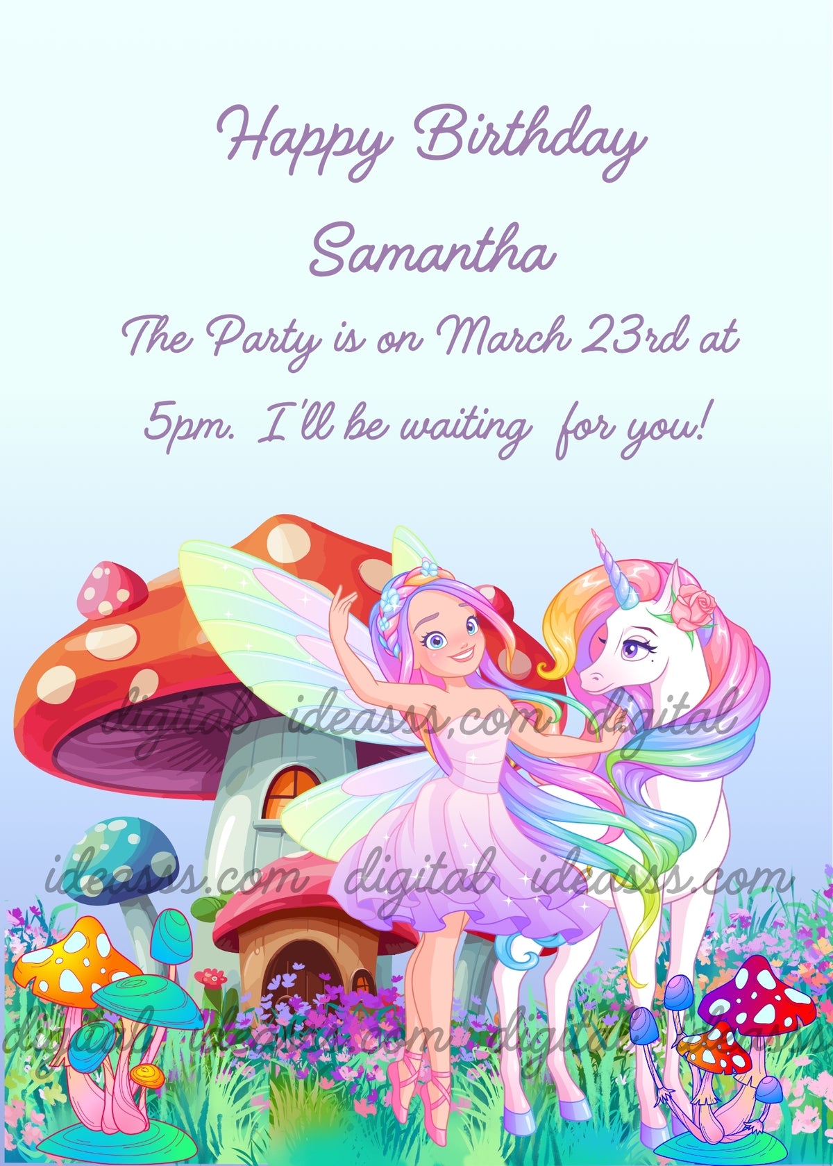 Smiling fairy in a lilac dress with pastel rainbow wings and long rainbow-colored hair dancing beside a white unicorn with a rainbow mane, lilac horn and pink roses, with a fairy house topped by spotted red mushroom roofs, colorful mushrooms and a flower-filled meadow against a soft blue background - printable birthday card for girls aged 6 to 12
