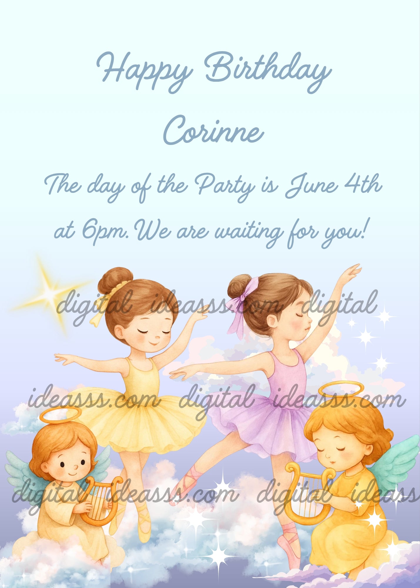 Two ballerinas dancing on clouds, one in a yellow tutu and one in a lilac tutu, with two little angels playing golden harps, sparkle stars on a soft blue gradient background — birthday card for girls aged 1 to 9