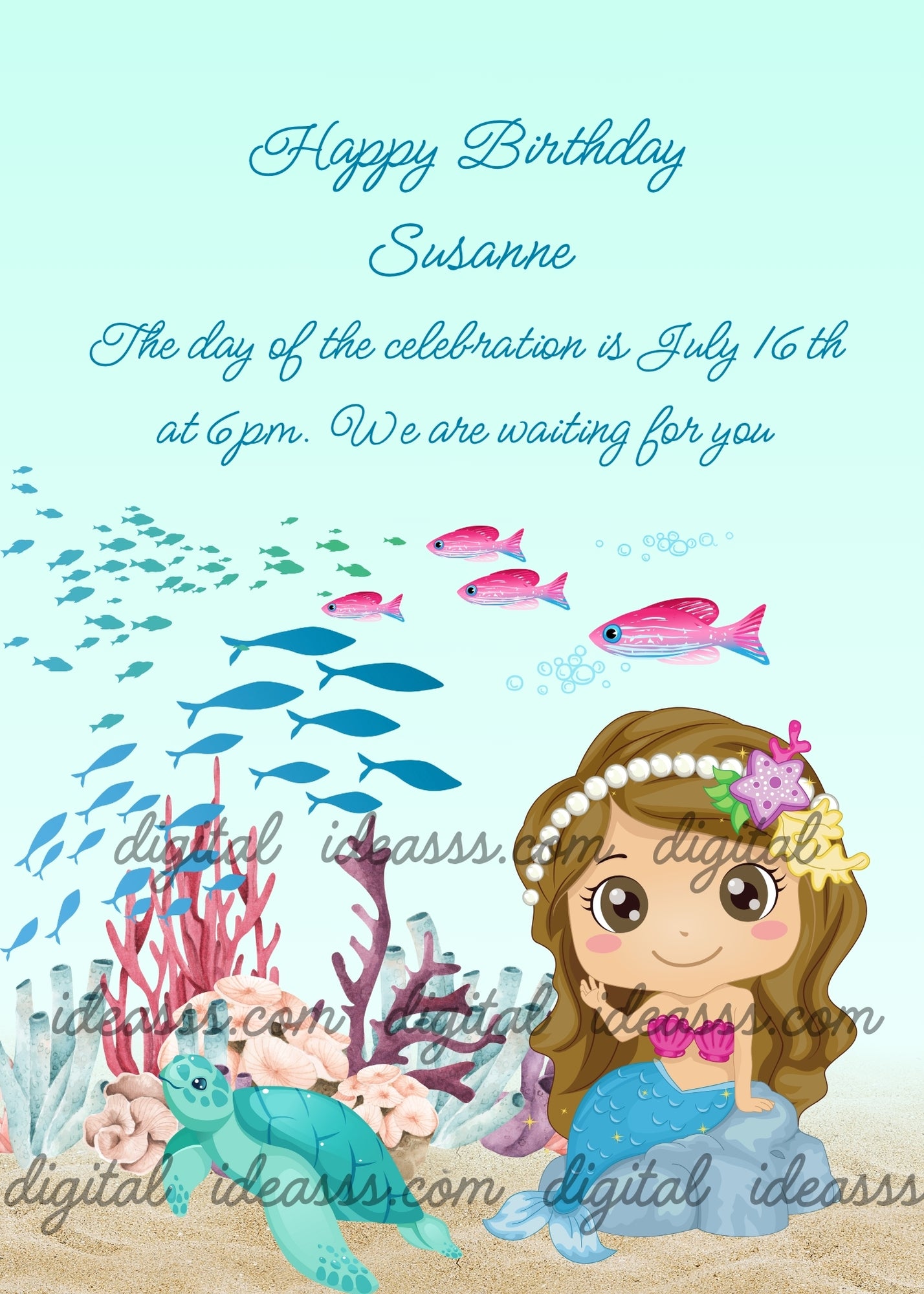 Little mermaid with brown hair and pearl headband sitting on a rock, turquoise turtle, pink and blue fish, colorful corals underwater — birthday card for girls aged 5 to 12