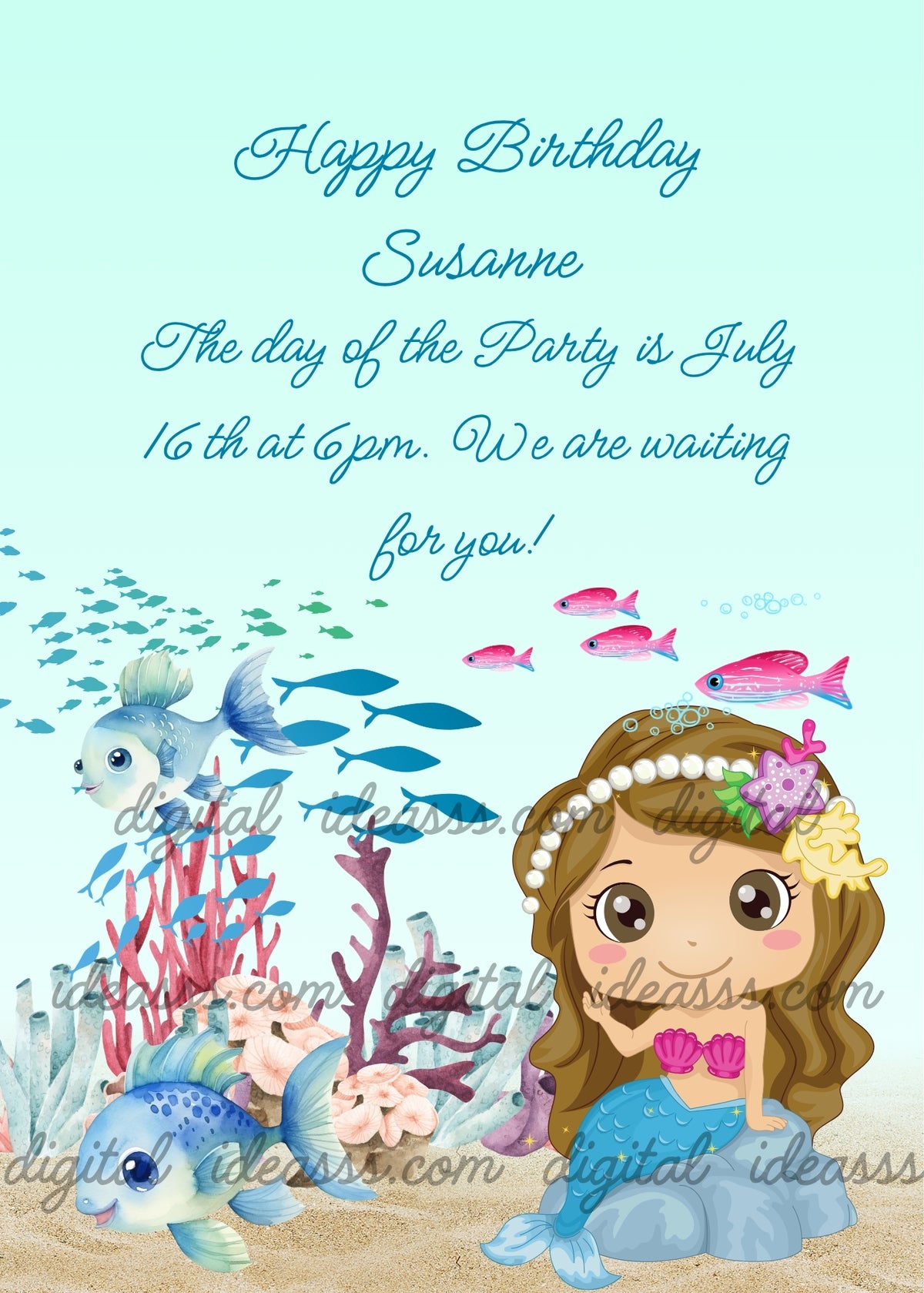 Kawaii mermaid with brown hair, pearl headband, purple starfish and yellow flower, blue tail and pink shell top, sitting on a rock with two blue fish in the foreground, pink fish, a school of blue fish and colorful corals on a soft blue background — birthday card for girls aged 5 to 12