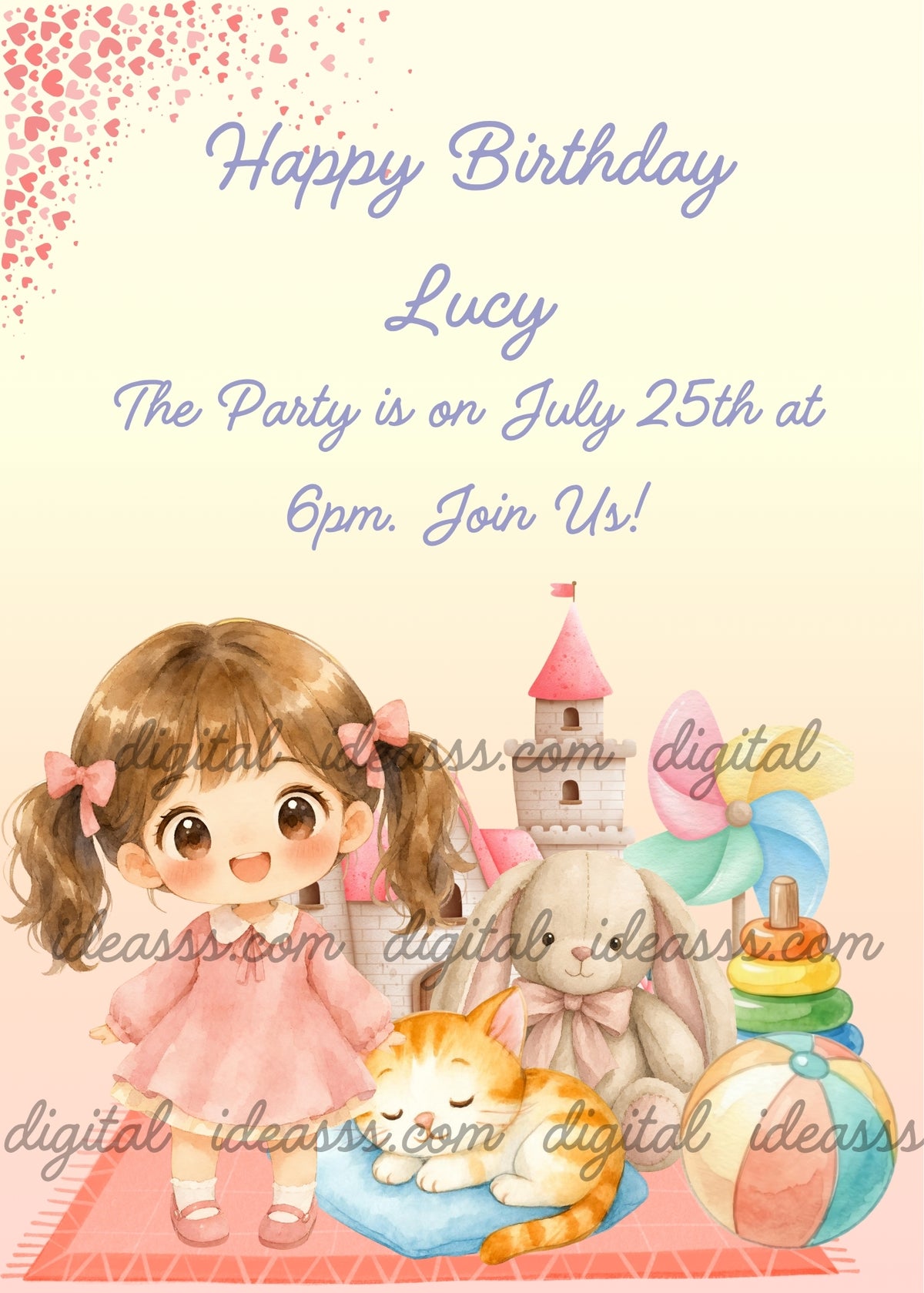 Smiling girl with brown pigtails, pink bows and a pink dress beside an orange kitten sleeping on a blue cushion, a beige plush bunny, a toy castle, a pastel pinwheel, stacking rings and a colorful ball on a pink rug - printable birthday card for girls aged 4 to 12