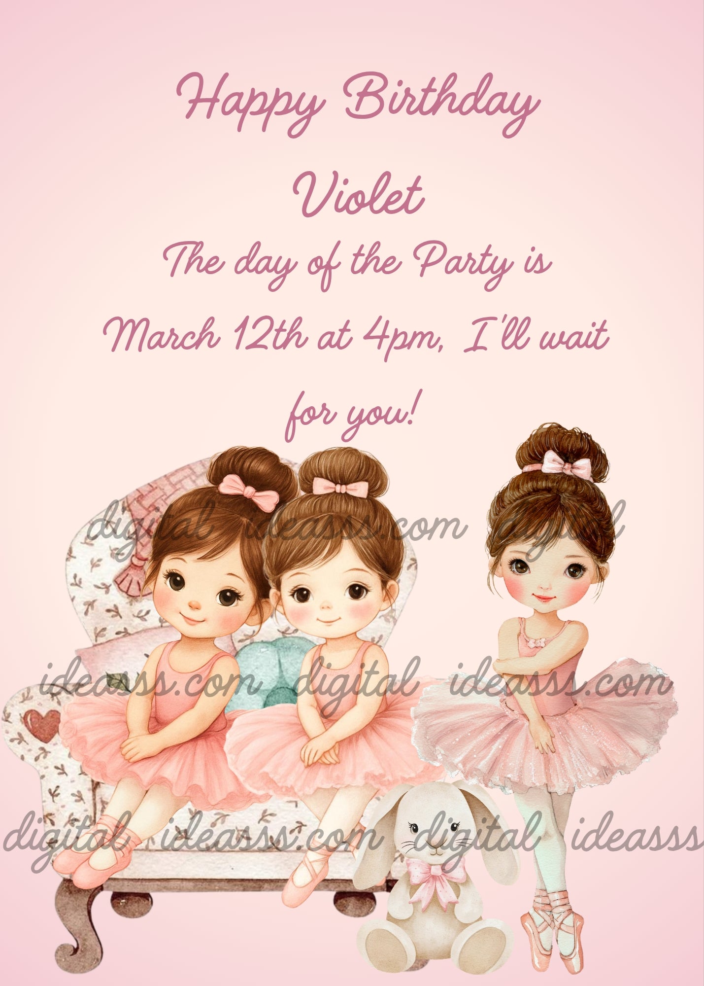 Three cute ballerina girls with brown hair buns and pink bows in pink tutus, sitting on a floral sofa with a white bunny plush toy, on a soft pink gradient background — birthday card for girls aged 6 o 12