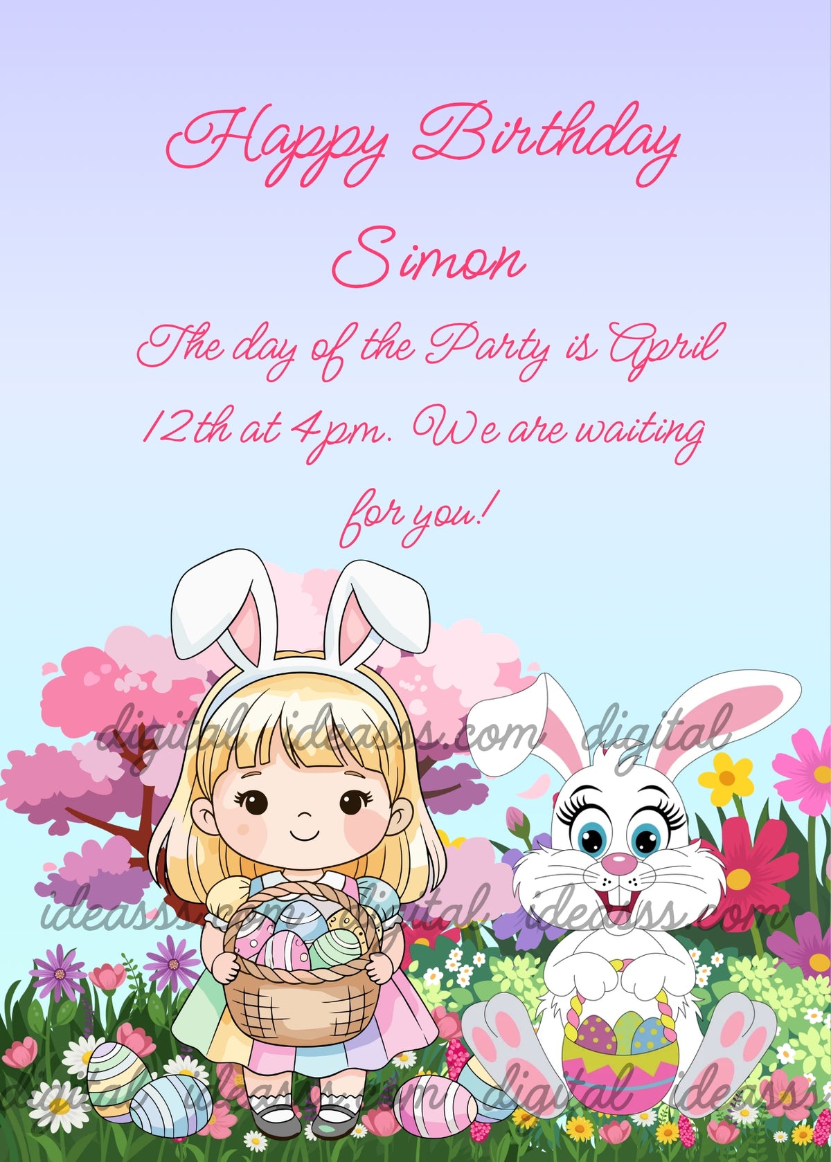 Blonde girl with bunny ears headband holding Easter egg basket, cheerful white bunny with blue eyes, pink peach blossom tree, colorful Easter eggs on green meadow, wildflowers, lavender blue gradient background — birthday card for children aged 8 to 14