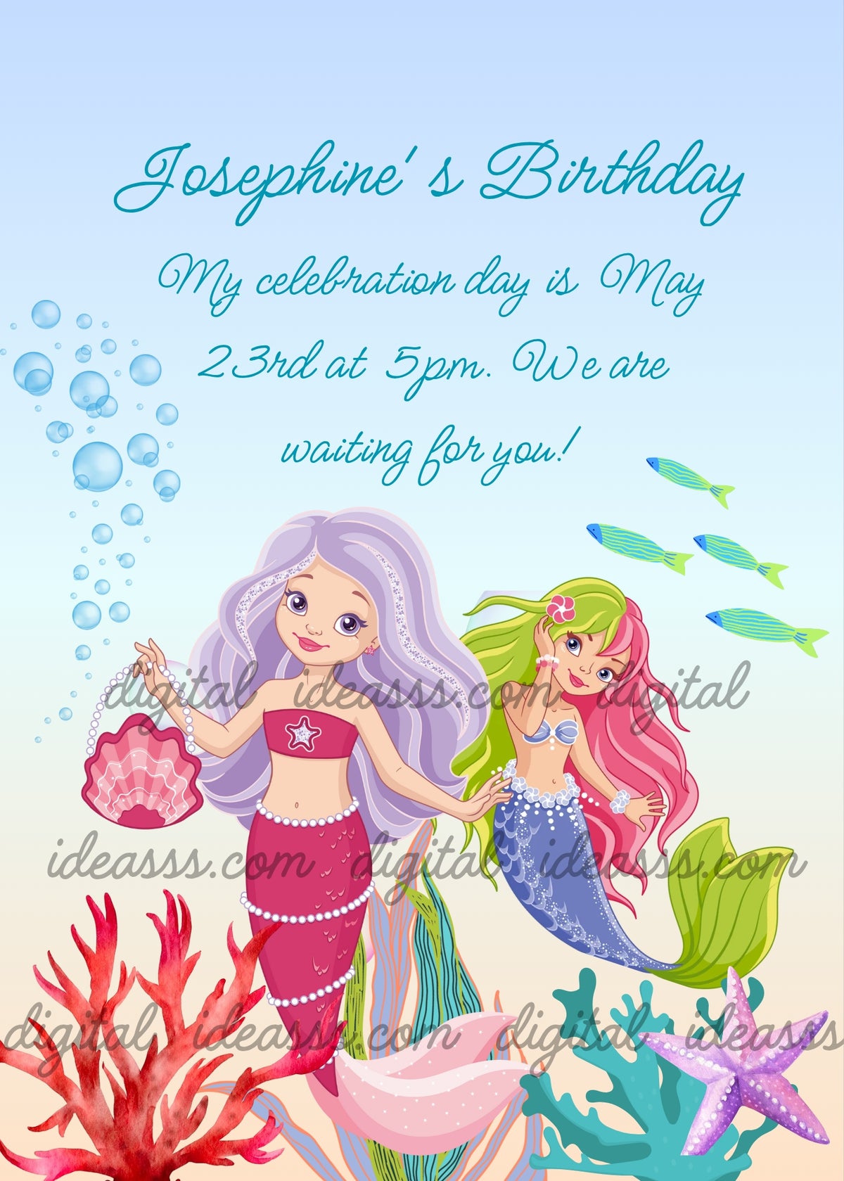 Two elegant mermaids, one with lilac hair and pink tail holding a shell purse, one with green and pink hair and blue tail, red and turquoise corals, lilac starfish and fish — birthday card for girls aged 9 to 14"