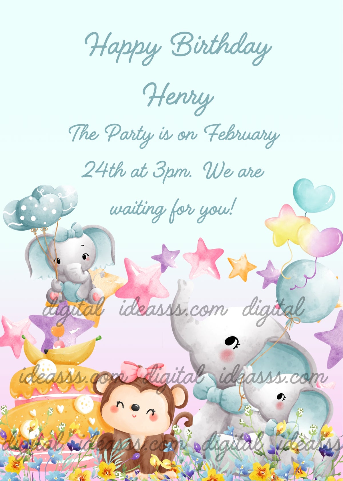 Three baby elephants with colorful balloons and stars, and a monkey with a pink bow next to a banana cake, celebrating on a pastel background with flowers — birthday card for kids aged 1 to 9