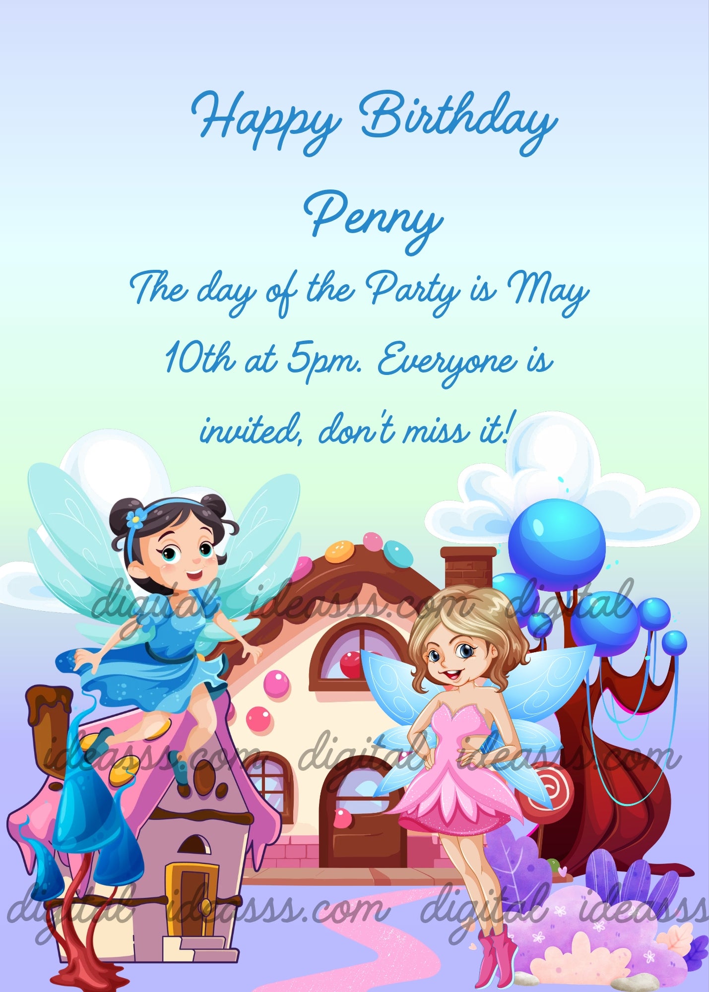 Two cartoon fairies in blue and pink dresses flying near a colorful candy house with blue tree on a soft blue and purple background — birthday card for girls aged 8 to 14