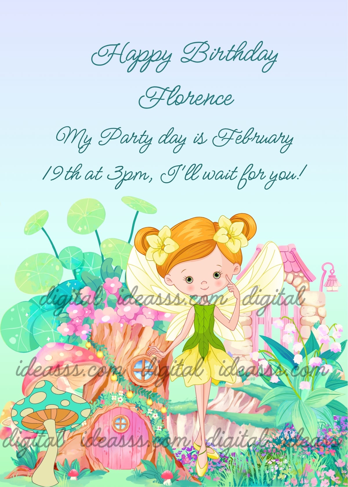 Fairy with orange hair and yellow flowers wearing a green and yellow leaf dress, decorated tree stump with green plants and pink flowers, large pink mushroom beside it, giant round lily pad leaves above, pink and white flowers all around, pink lantern on the right, soft light blue background — birthday card for girls aged 8 to 14
