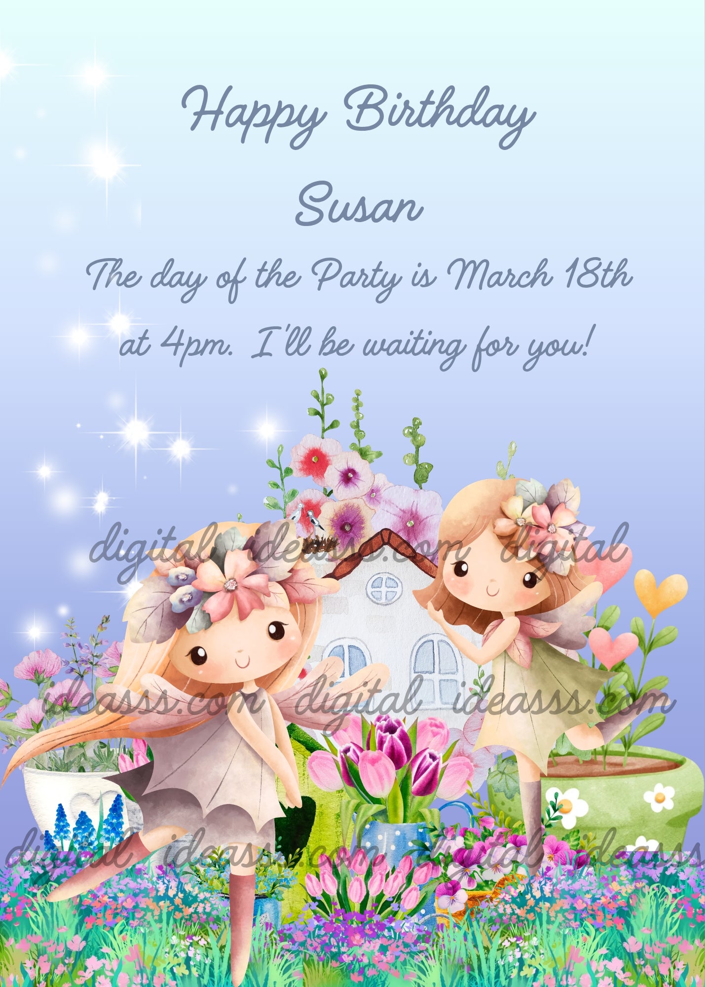 Two cute fairies with flower crowns in front of a white cottage surrounded by tulips colorful flowers and hearts on a soft blue lavender background — printable birthday card for girls ages 5 to 12