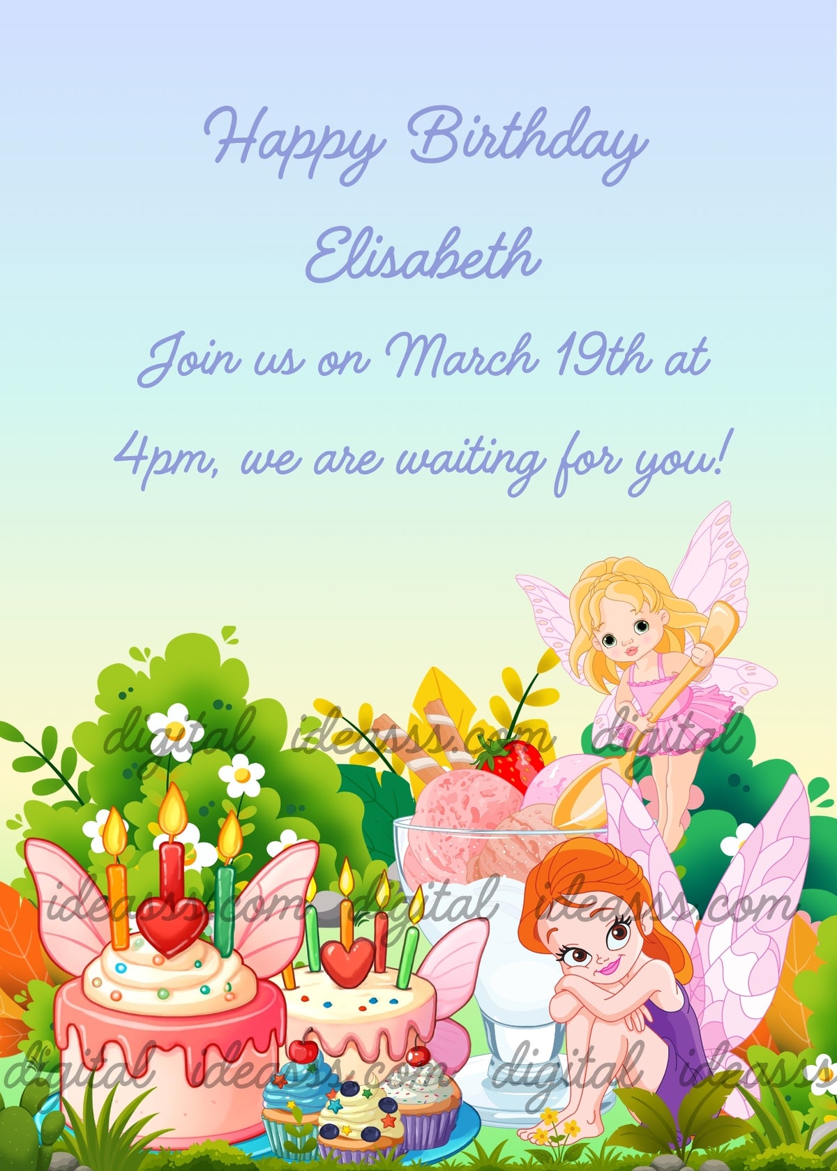 Two pink winged cakes with red hearts and colorful candles, two fairies, decorated cupcakes and a glass of strawberry ice cream in a flower-filled meadow — printable birthday card for girls aged 6 to 14