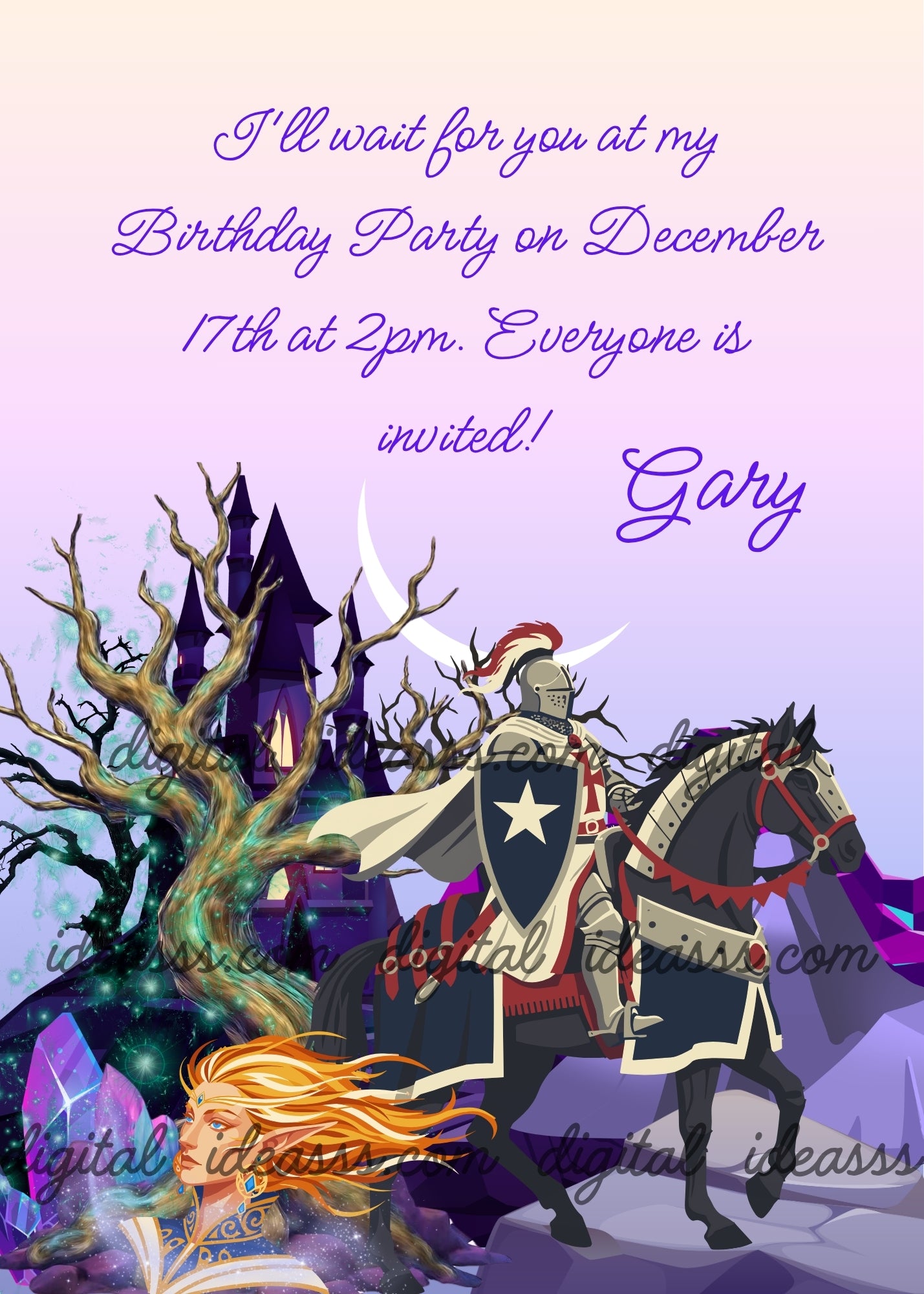 Knight in silver armor with red-plumed helmet and star shield riding a black horse on a rocky path, dark gothic castle with lit towers in background, white crescent moon, animated fairy tree with glowing teal branches, face of a golden-haired fairy elf emerging from the roots, sparkling purple crystals, soft pink and lavender gradient background — birthday card for boys aged 10 to 14