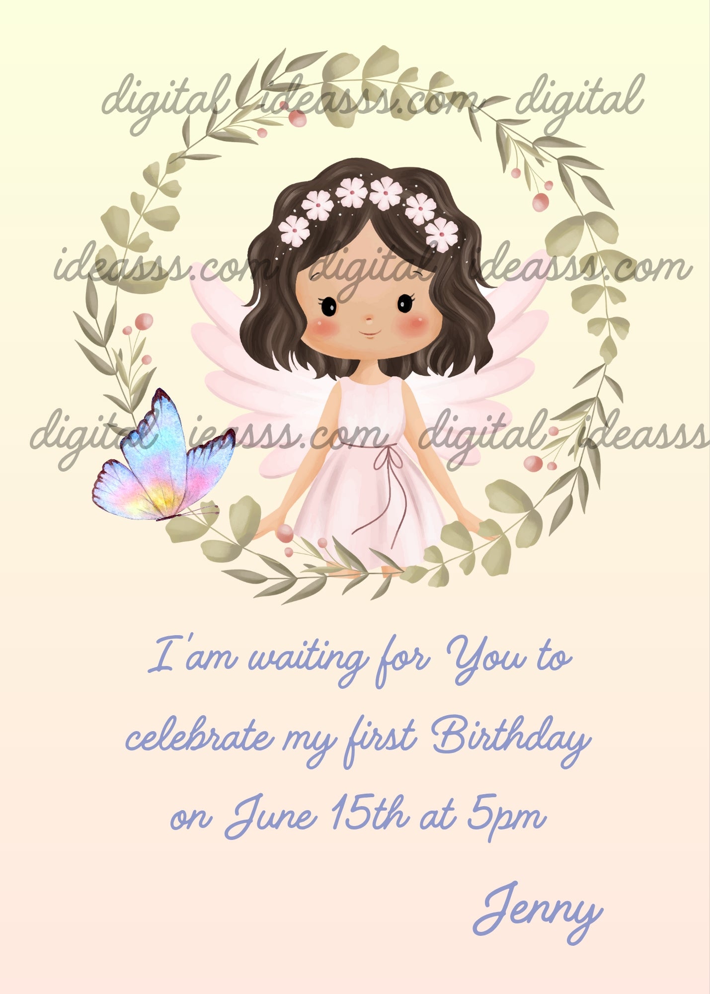 A cute dark haired fairy with a white flower crown inside a wreath of leaves and berries with a colorful butterfly on a soft cream pastel background — printable birthday card for girls ages 1 to 9