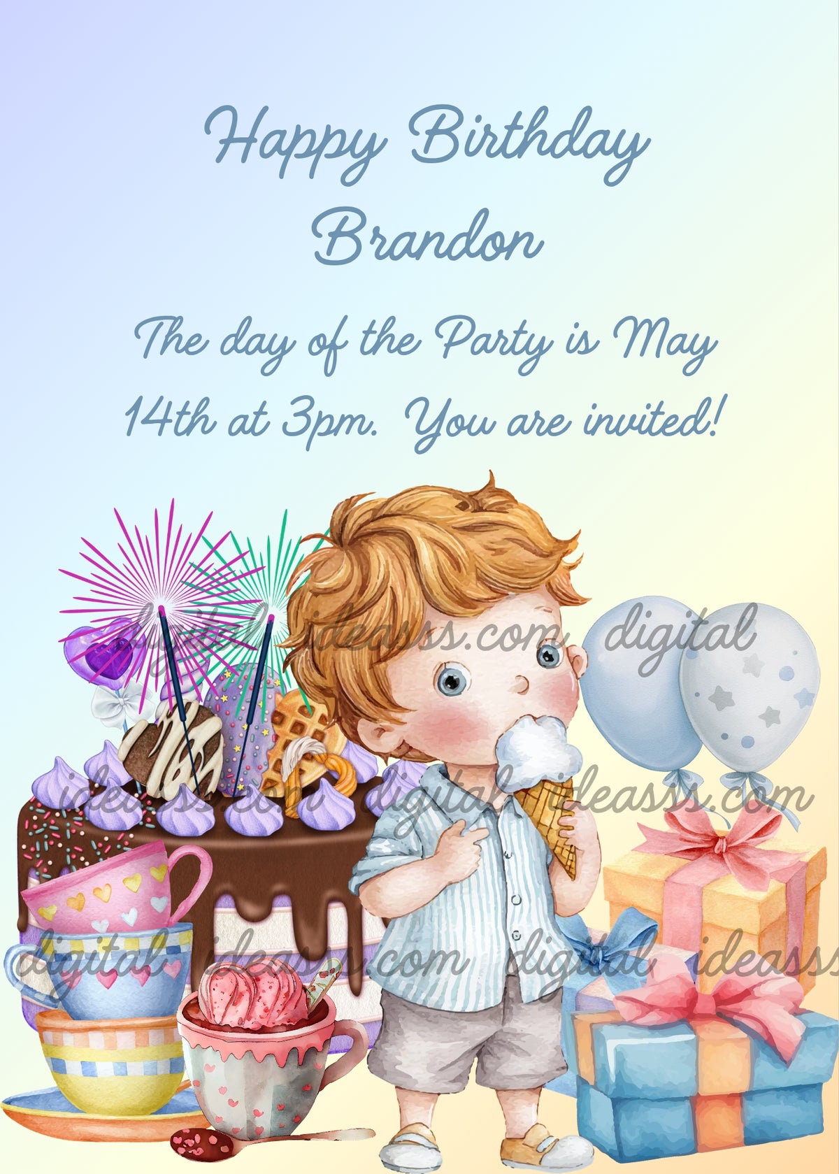Curly-haired boy enjoying an ice cream cone beside a purple chocolate and blueberry birthday cake with lilac decorations and sparkles. Pastel teacups, strawberry ice cream, wrapped gifts and two light blue balloons fill the soft yellow-and-blue party scene — printable birthday invitation for children aged 1 to 7