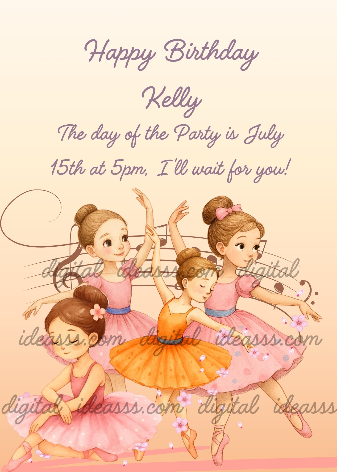 Four ballerinas with brown hair in pink and orange tutus dancing together, one sitting on the left with a flower in her hair, one in the center in an orange tutu, and two standing on the right, with musical notes on a soft peach gradient background — birthday card for girls aged 4 to 10