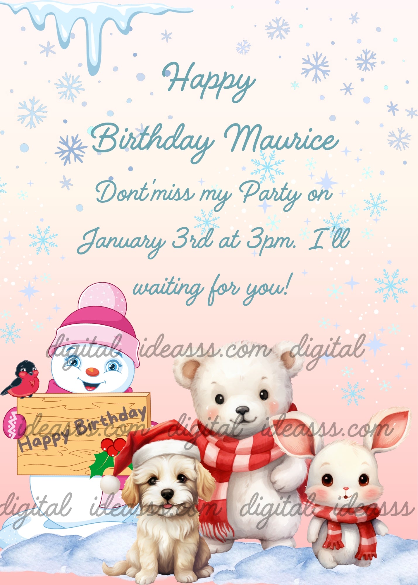 Cheerful cartoon snowman with pink hat holding a Happy Birthday sign with a red bullfinch, white polar bear cub, beige puppy and white bunny with red scarves in a snowy winter wonderland — printable birthday card for children aged 1 to 12