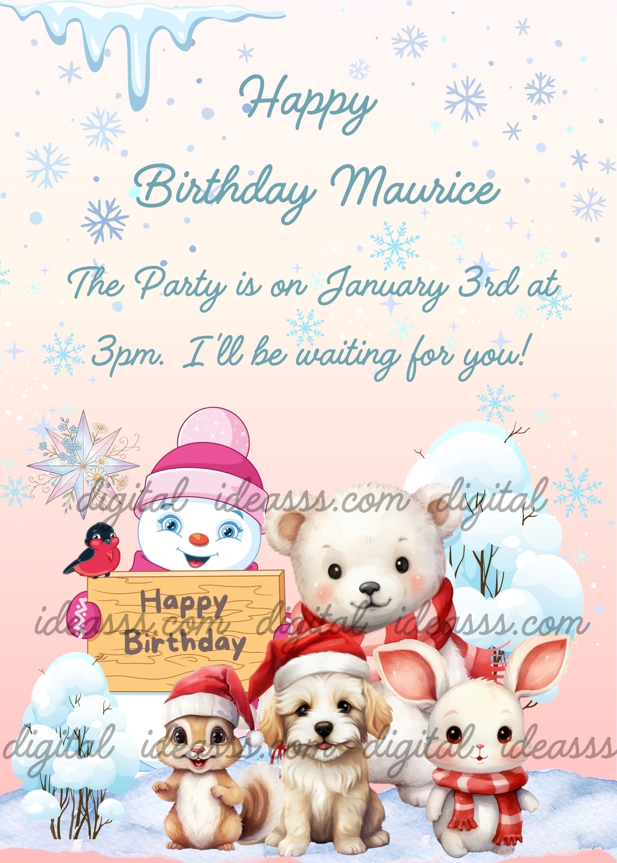 Smiling snowman wearing a pink hat and holding a wooden Happy Birthday sign, with a red-and-black bird perched on it, beside a white bear with a red scarf, a puppy and a squirrel wearing Santa hats, and a white bunny with a red scarf, surrounded by snow-covered trees and bushes, snowflakes and icicles against a cream-to-pink background - printable birthday card for children aged 1 to 12