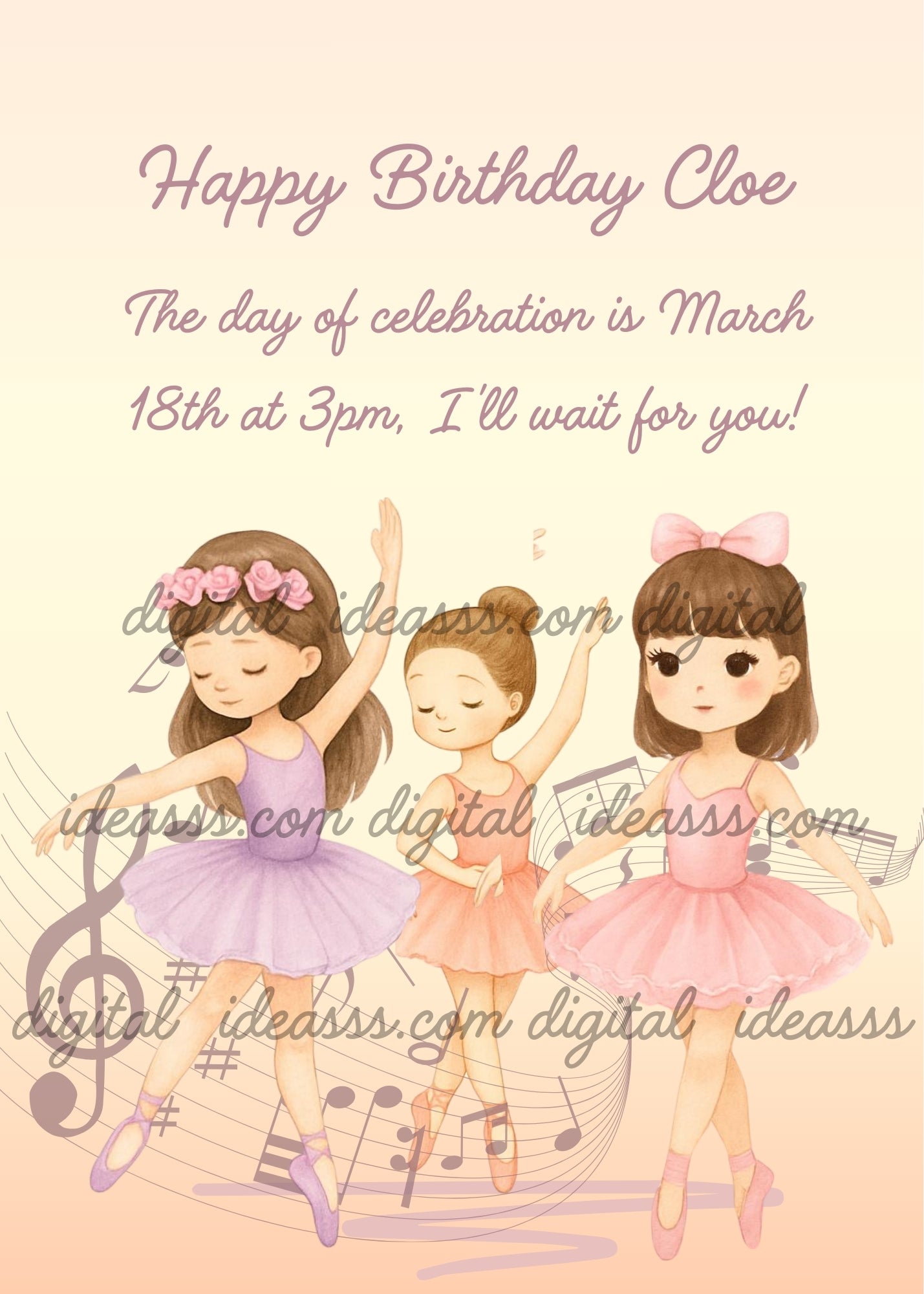 Three little ballerinas dancing gracefully, one in purple with a flower crown, one in peach with a bun and one in pink with a bow, with musical notes and a treble clef on a soft peach background — birthday card for girls 6-12